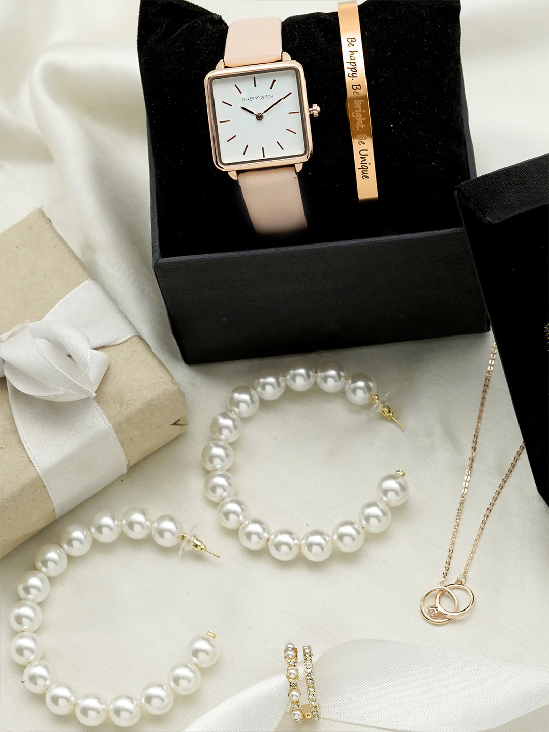 JOKER & WITCH Women White & Rose Gold-Toned Falling For You Love Stack Watch Gift Set JWLS144