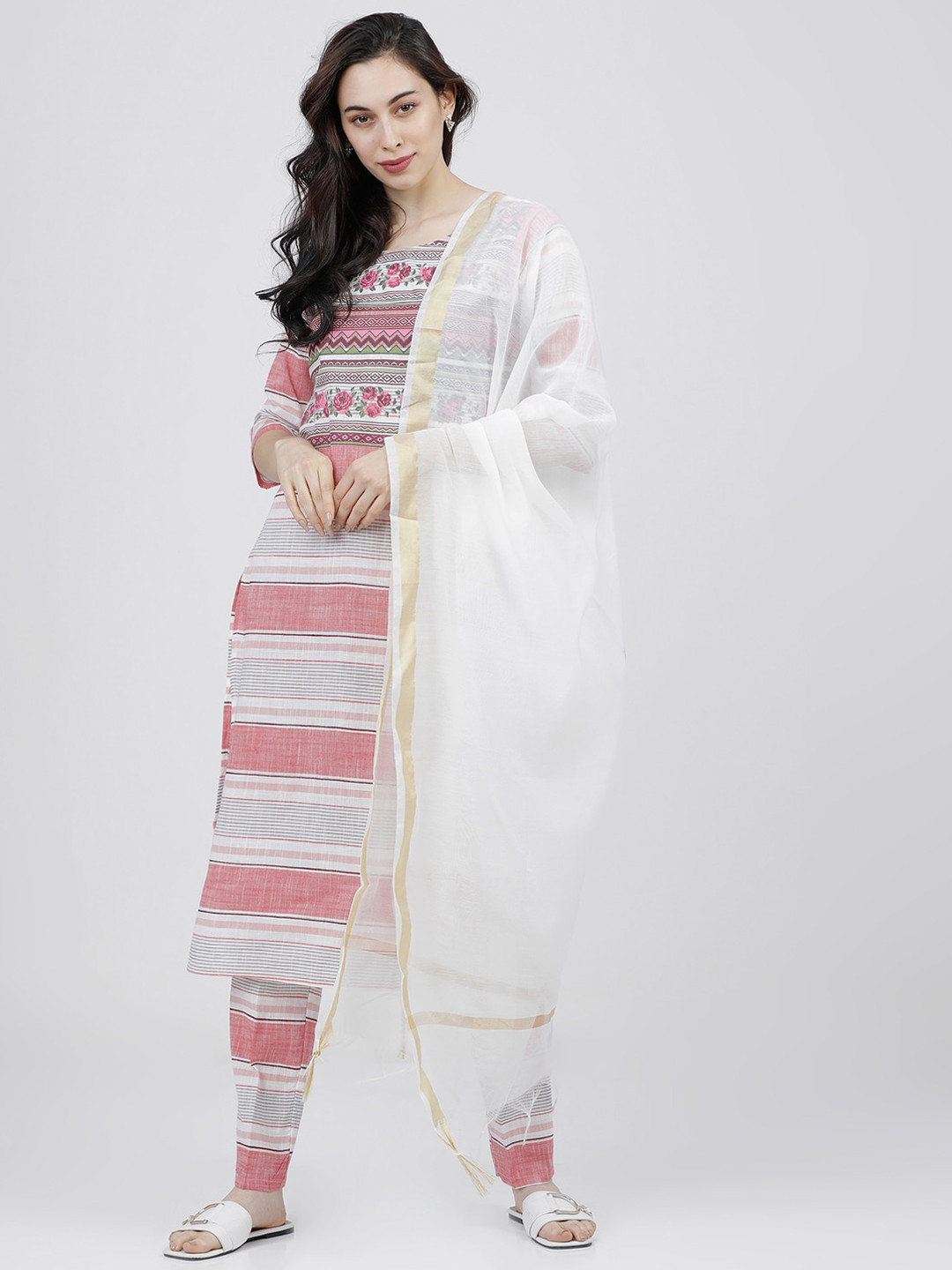Vishudh Women Coral and Off White Striped Cotton Kurta with Palazzo and Dupatta