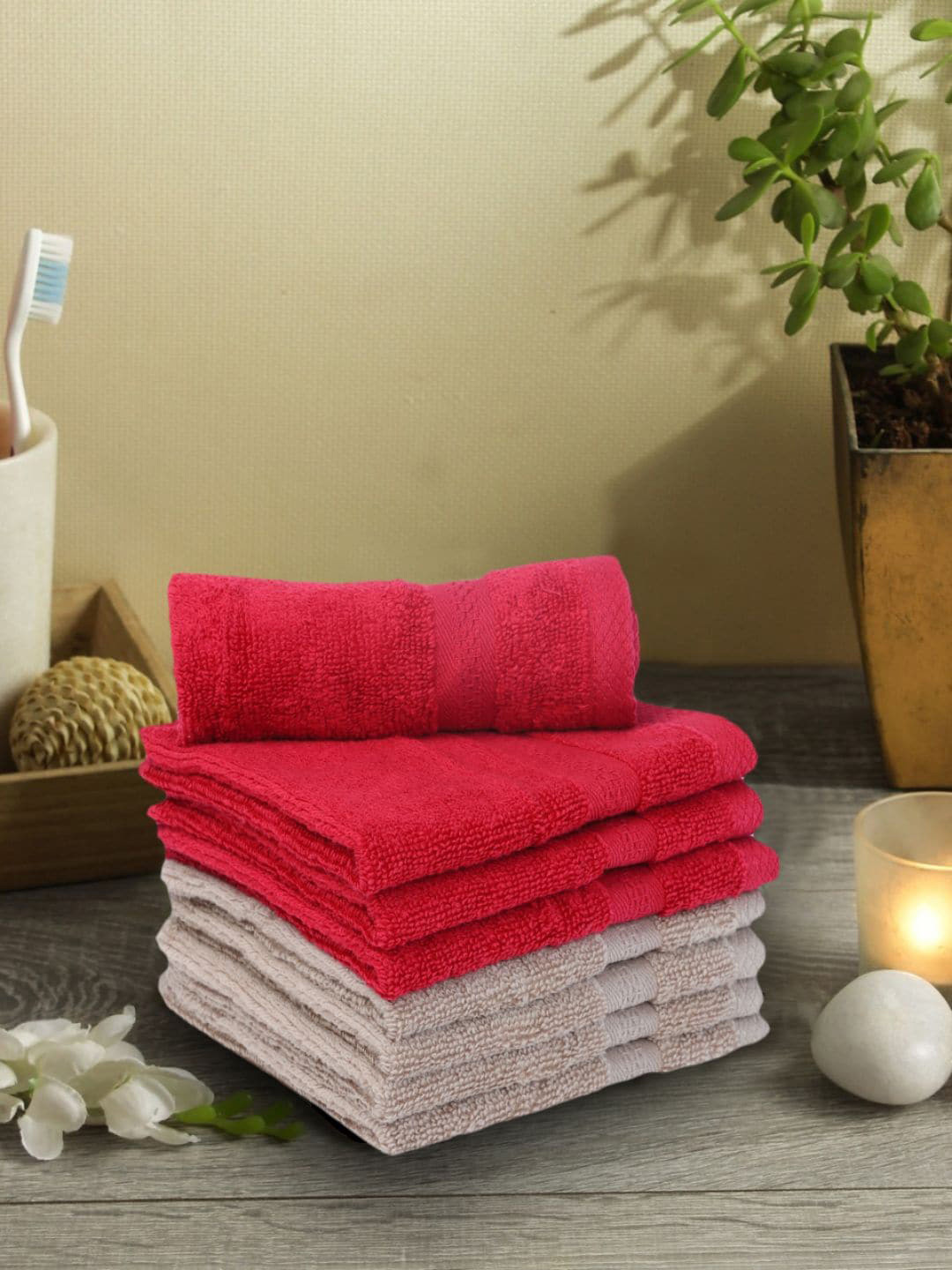 BIANCA Red & Beige Set of 8 Solid 500 GSM Cotton Face Towels