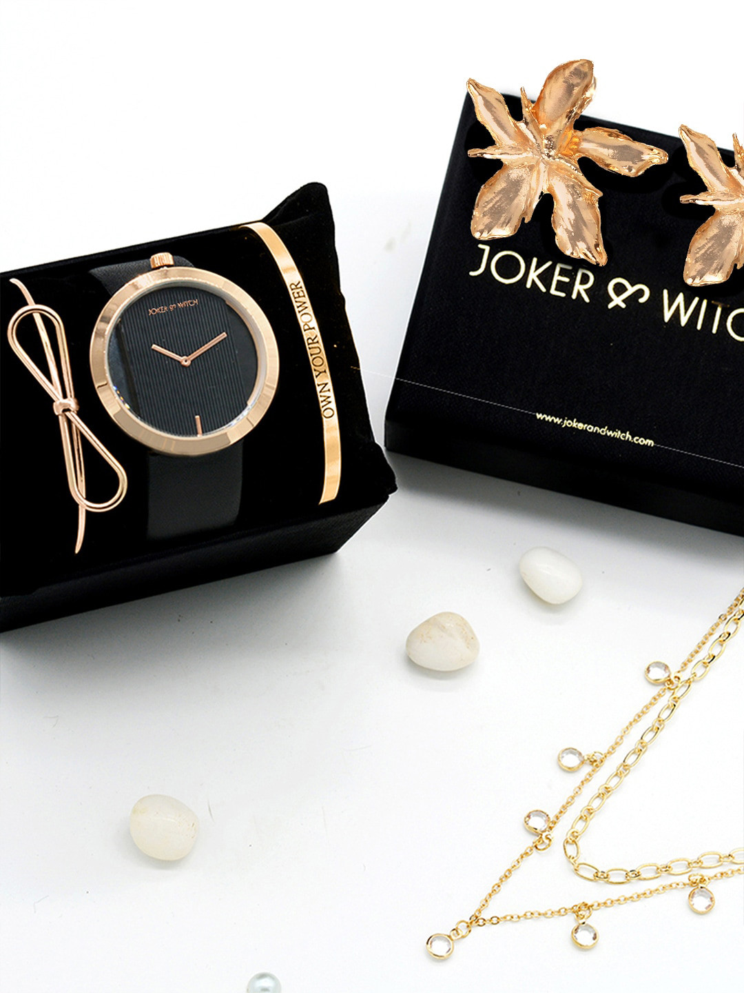 JOKER & WITCH Women Black & Gold-Toned Forever Together Love Stack Watch Gift Set