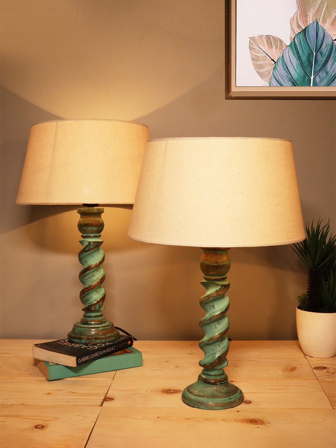 Homesake Beige & Sea Green Contemporary Handcrafted Bedside Standard Table Lamp