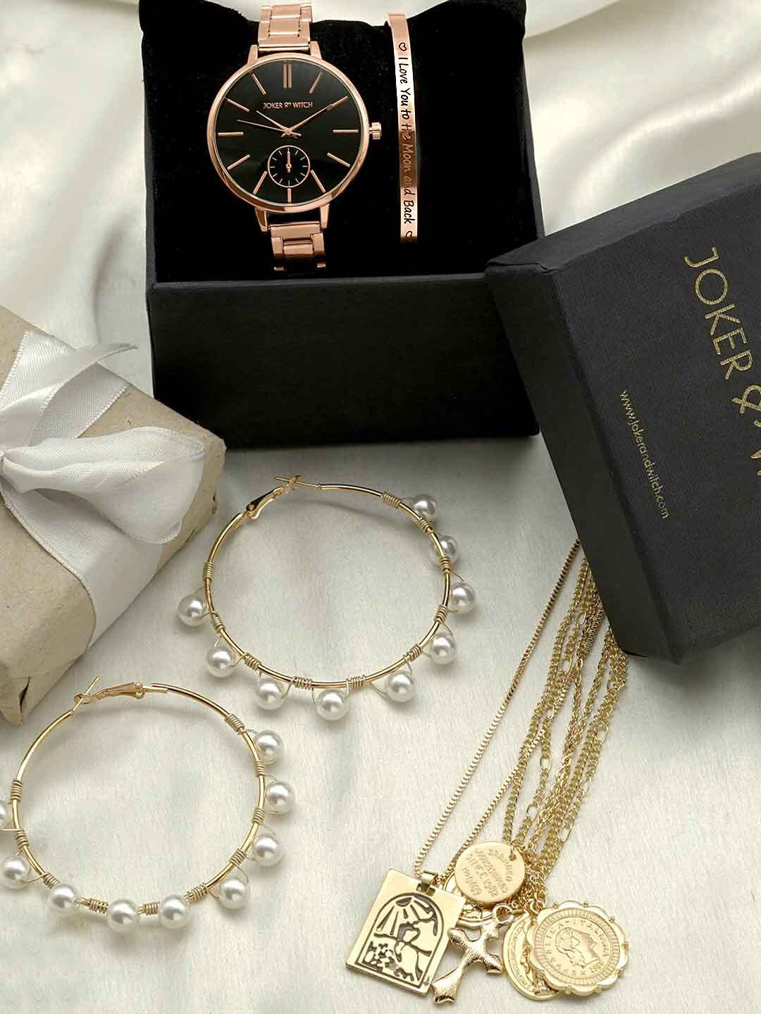 JOKER & WITCH Women Black & Rose Gold-Toned One Call Away Love Stack Watch Gift Set JWLS220