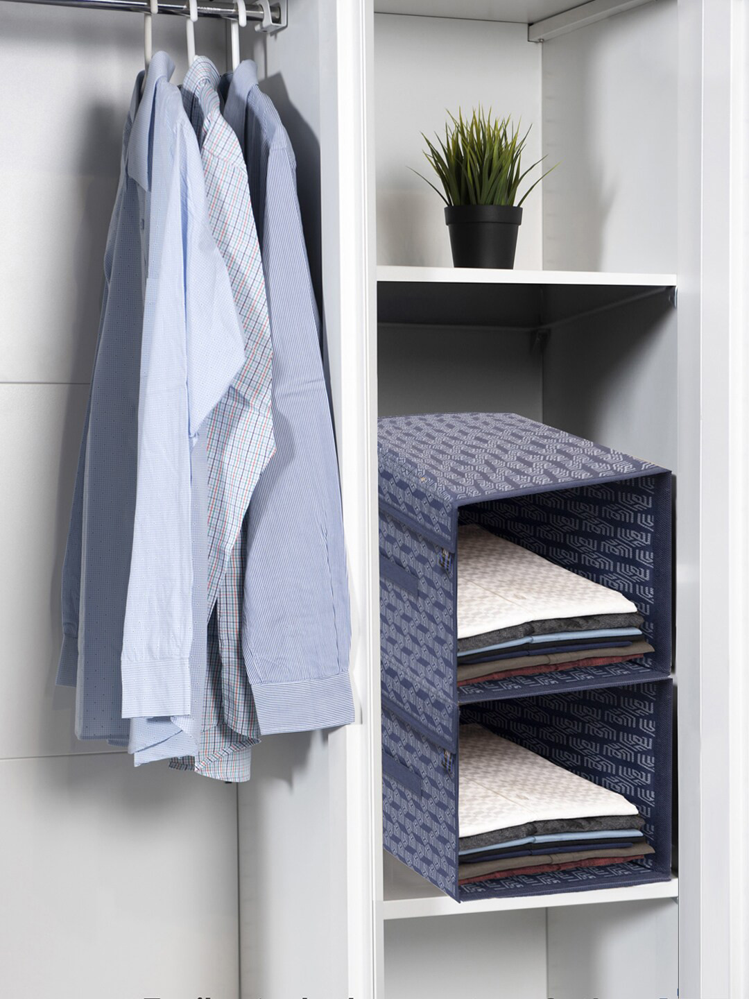 HOMESTRAP Pack Of 4 Blue Printed Shirt Stacker Wardrobe Sustainable Organizers