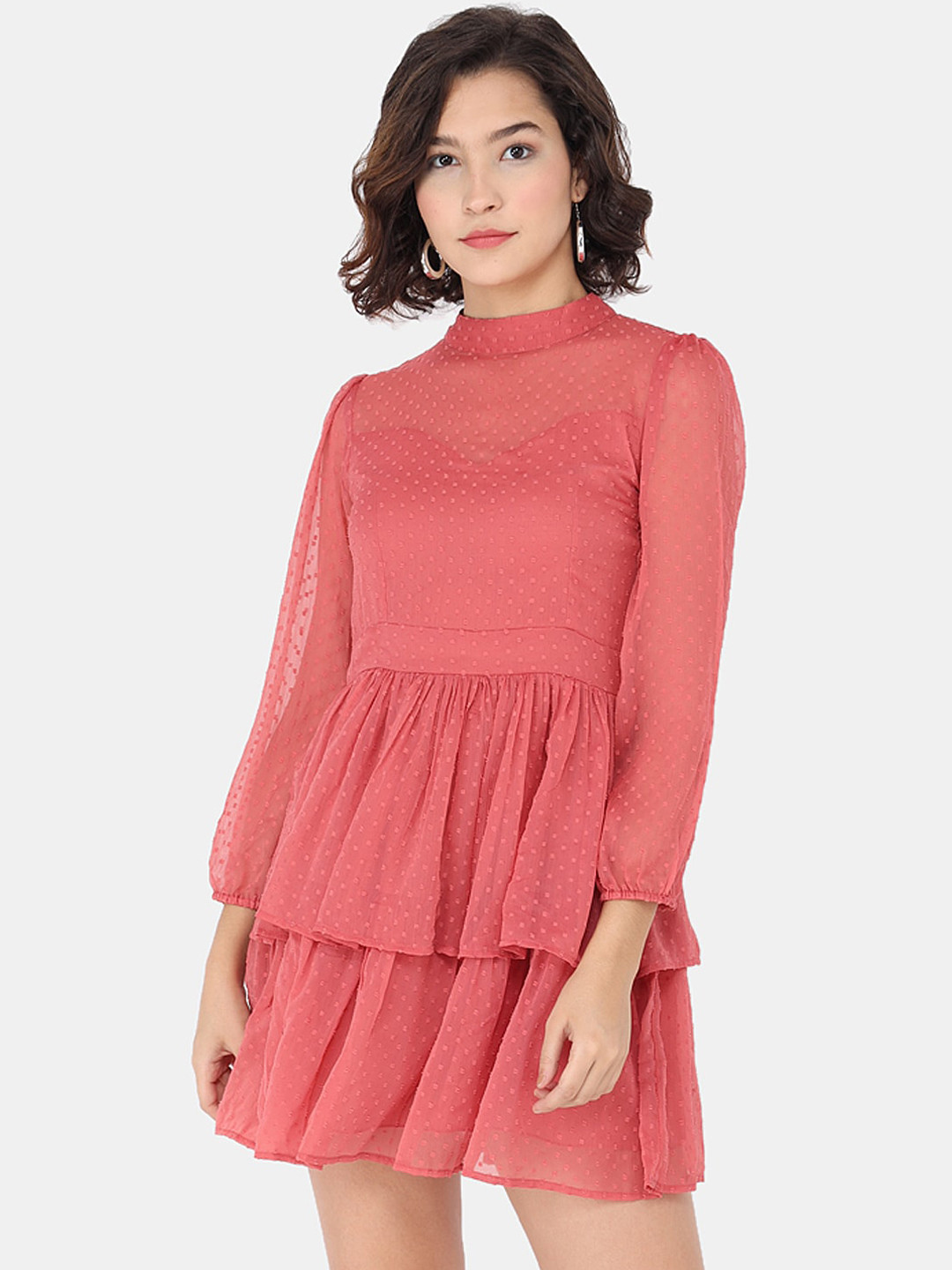 Trend Arrest Pink Self-Design Gathered Chiffon Mini Dress