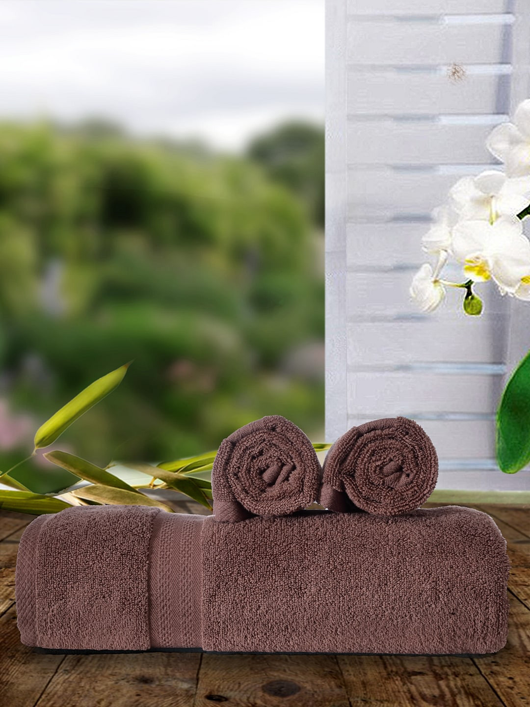 BIANCA Set Of 3 Brown Solid Pure Cotton 500 GSM Ultra-Fluffy Towel Set