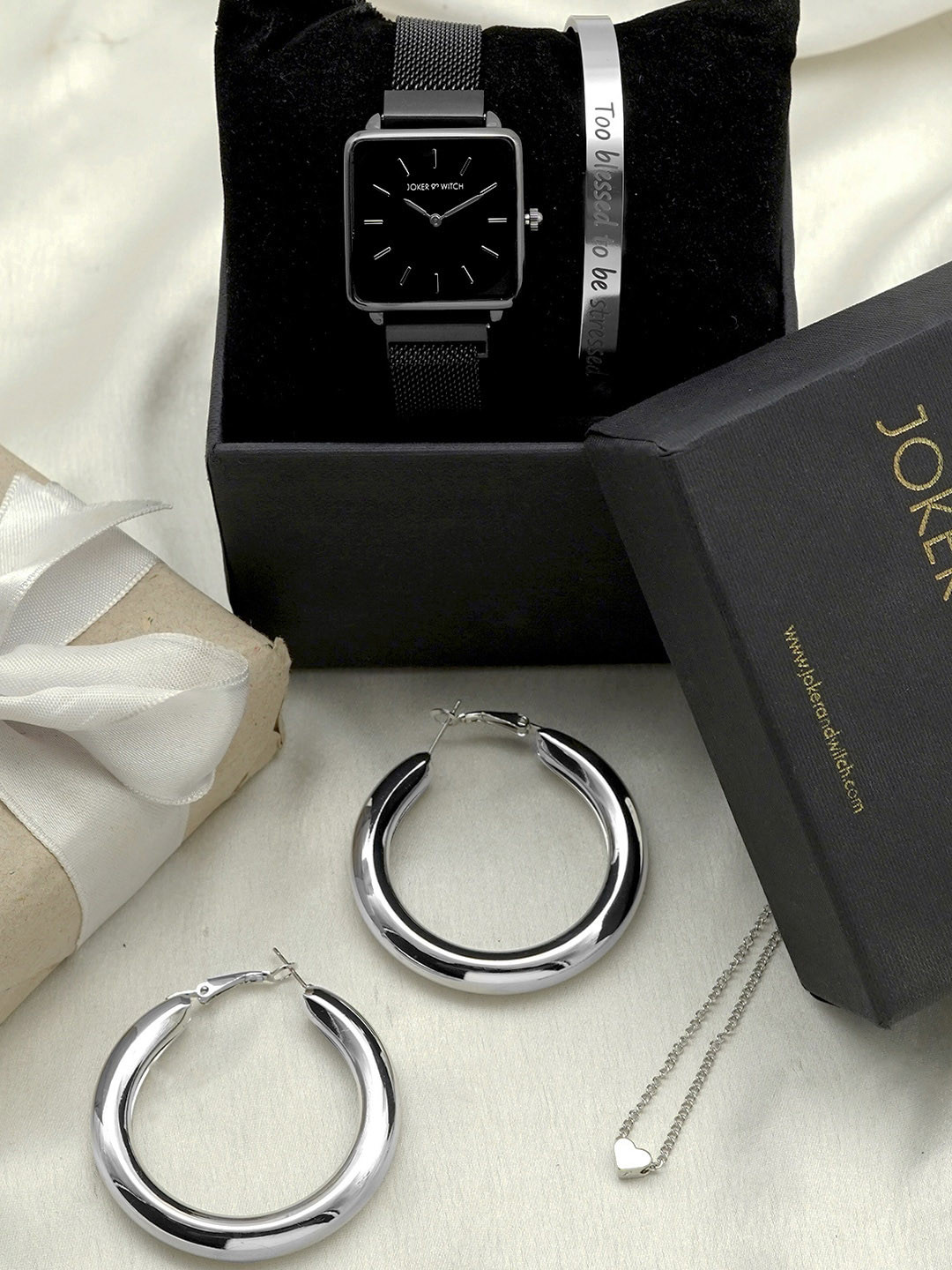 JOKER & WITCH Women Black & Silver-Toned Love Of My Life Love Stack Watch Gift Set JWLS222