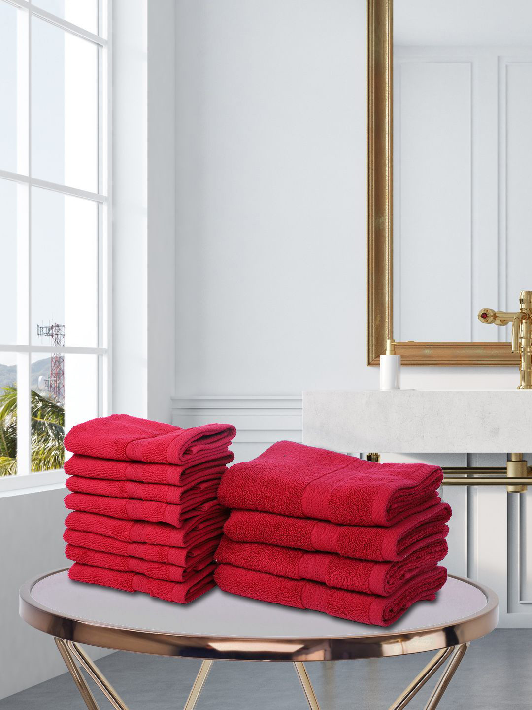 BIANCA Red 12-Pieces Solid 500 GSM Cotton Hand & Face Towel Set