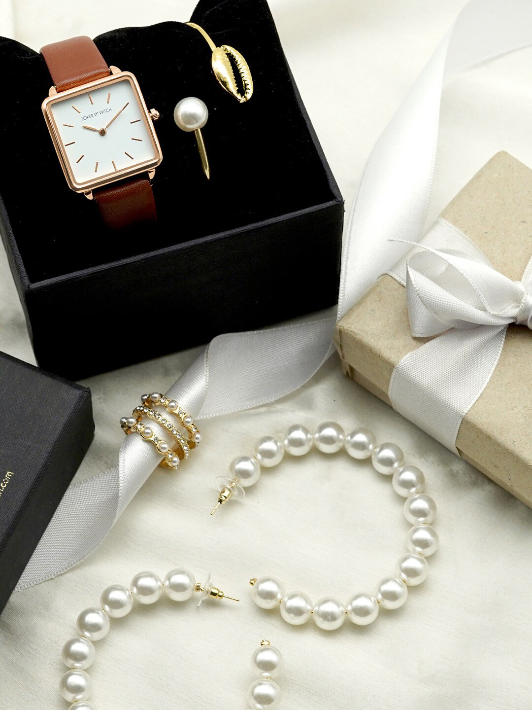 JOKER & WITCH Women White & Brown The Perfect Date Love Stack Watch Gift Set JWLS170