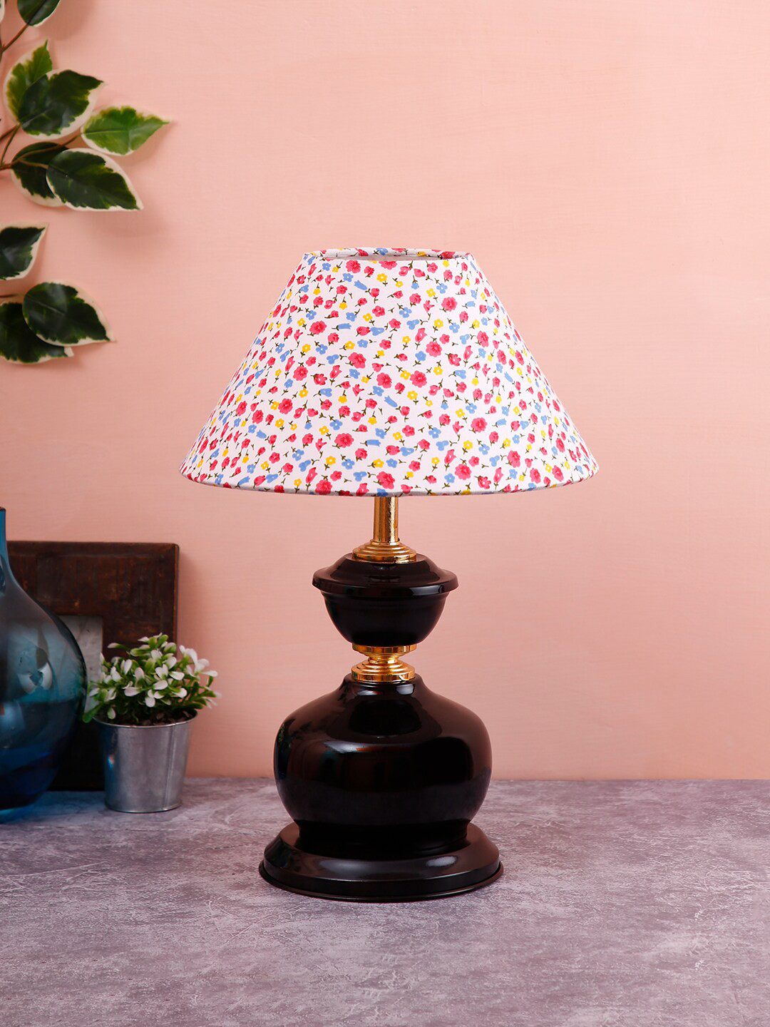 Devansh White & Red Printed Traditional Bedside Standard Table Lamp