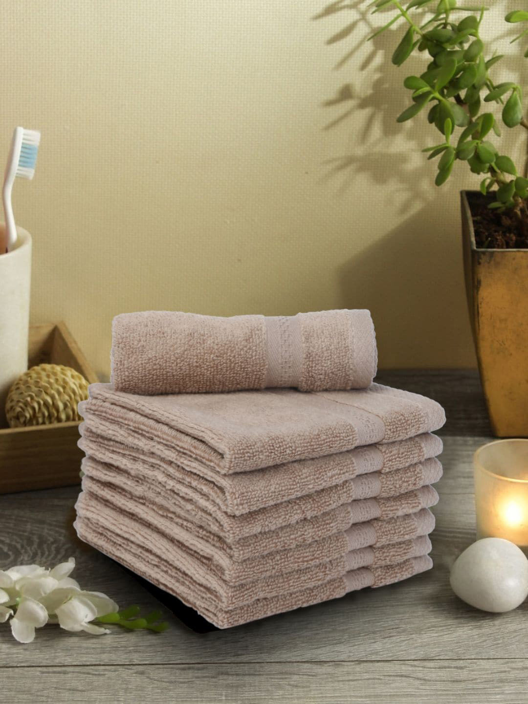BIANCA Set Of 8 Camel Brown Solid 380 GSM Pure Combed Cotton Terry Face Towels