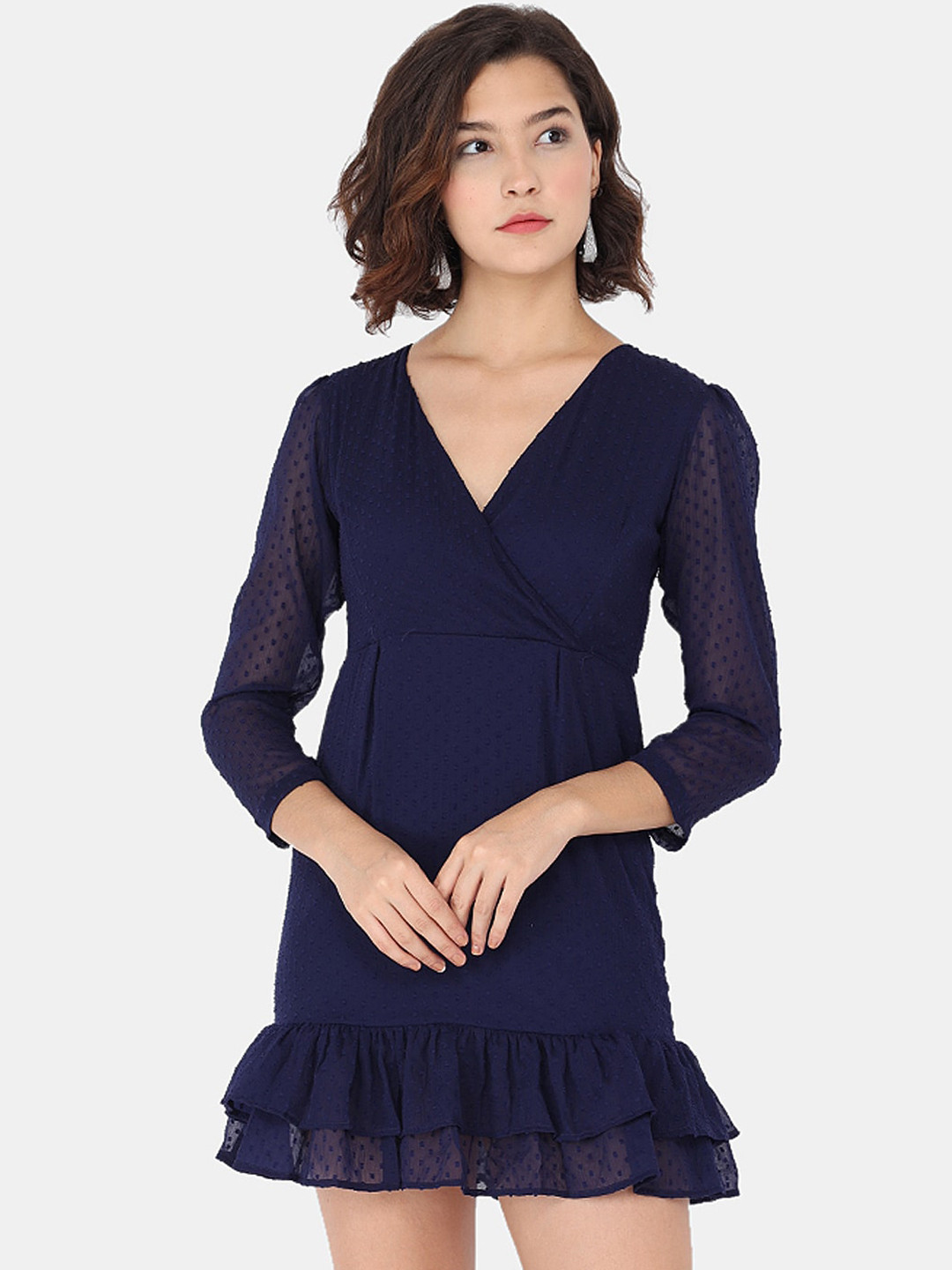 Trend Arrest Women Navy Blue Dobby Mini A-line Dress