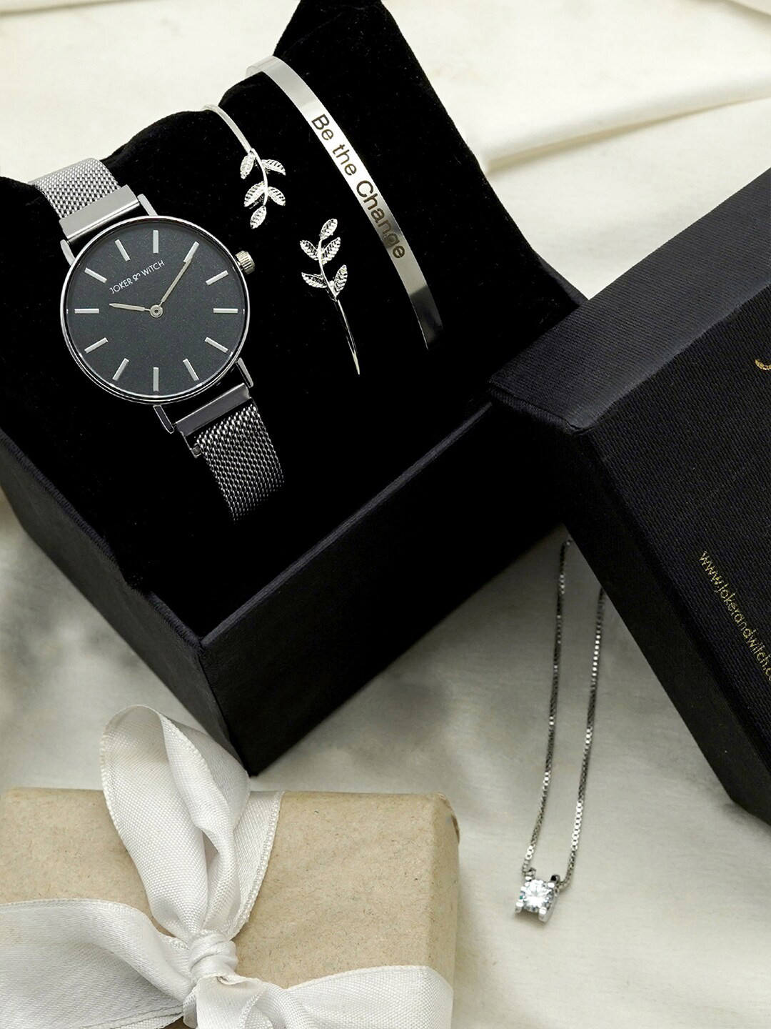 JOKER & WITCH Women Black & Silver-Toned My World Love Stack Watch Gift Set JWLS152