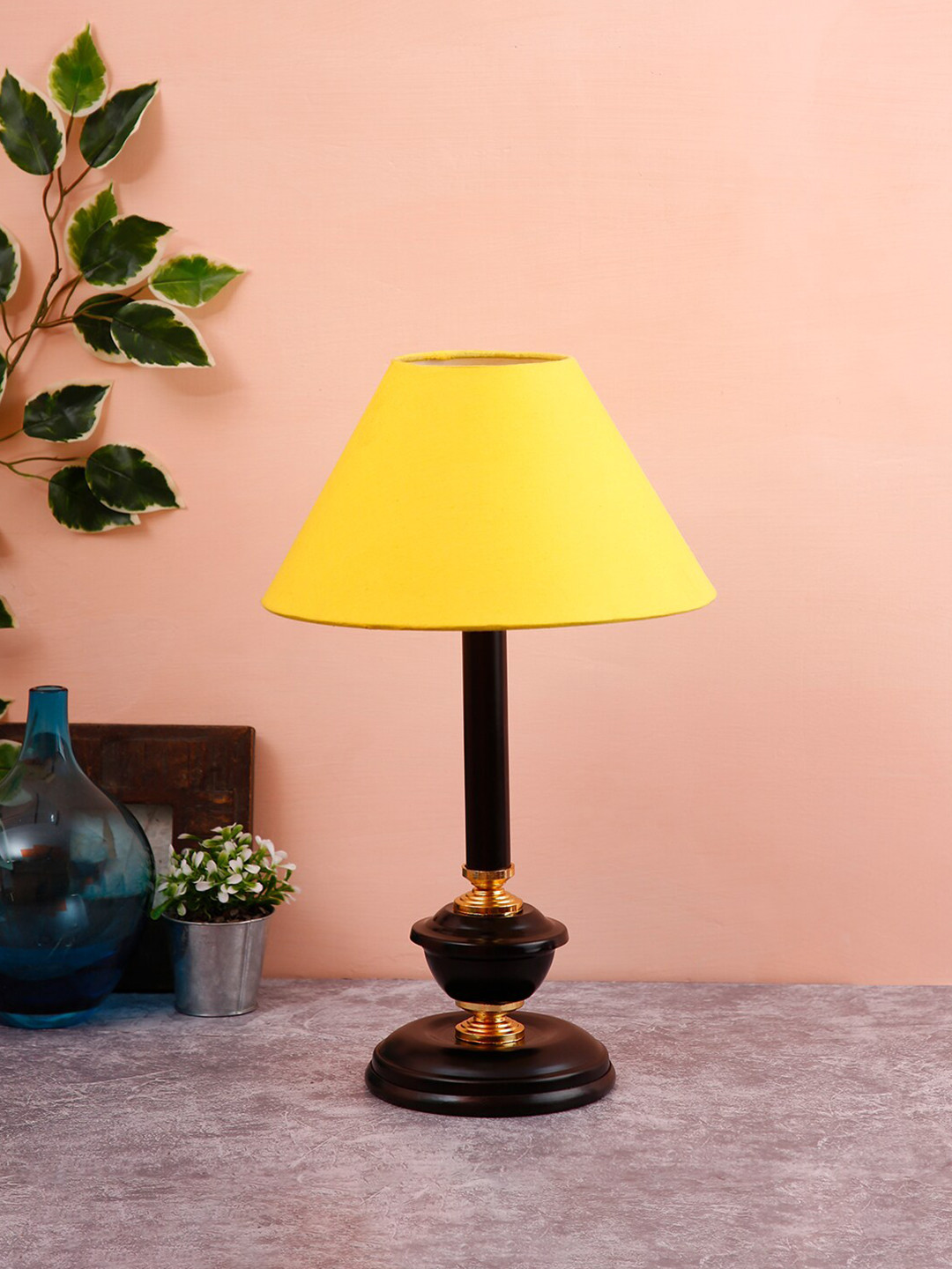 Devansh Yellow & Black Traditional Bedside Standard Table Lamp with Shade
