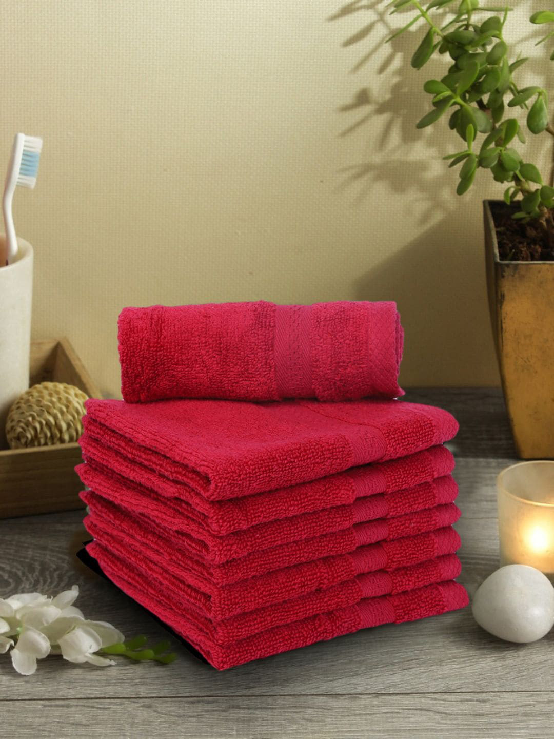 BIANCA Set Of 8 Red Solid 380 GSM Pure Combed Cotton Terry Face Towels