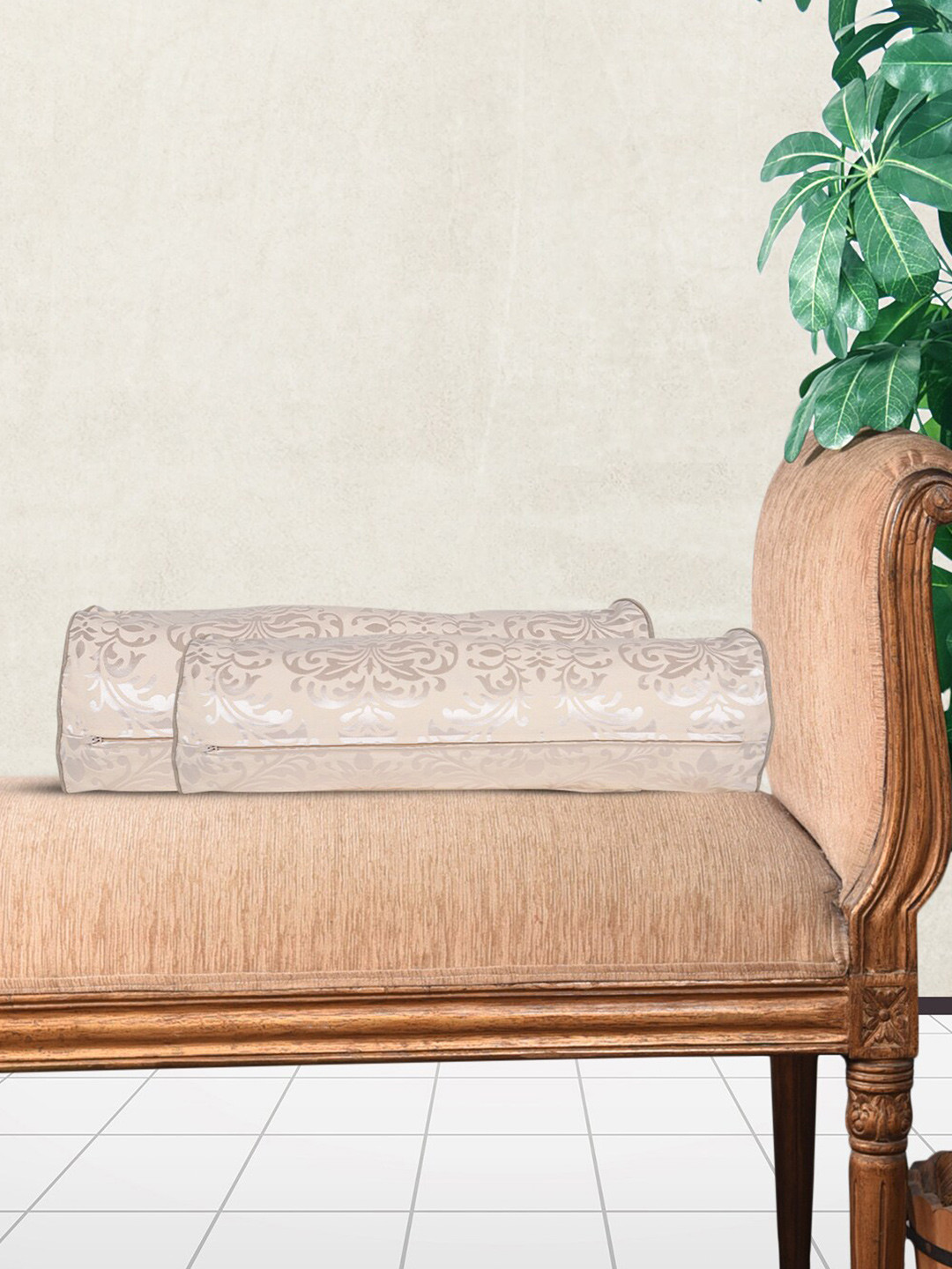 Home Cream Ethnic Motifs Cotton 2 Piece Textured Cylindrical Cushion Covers -16x16In