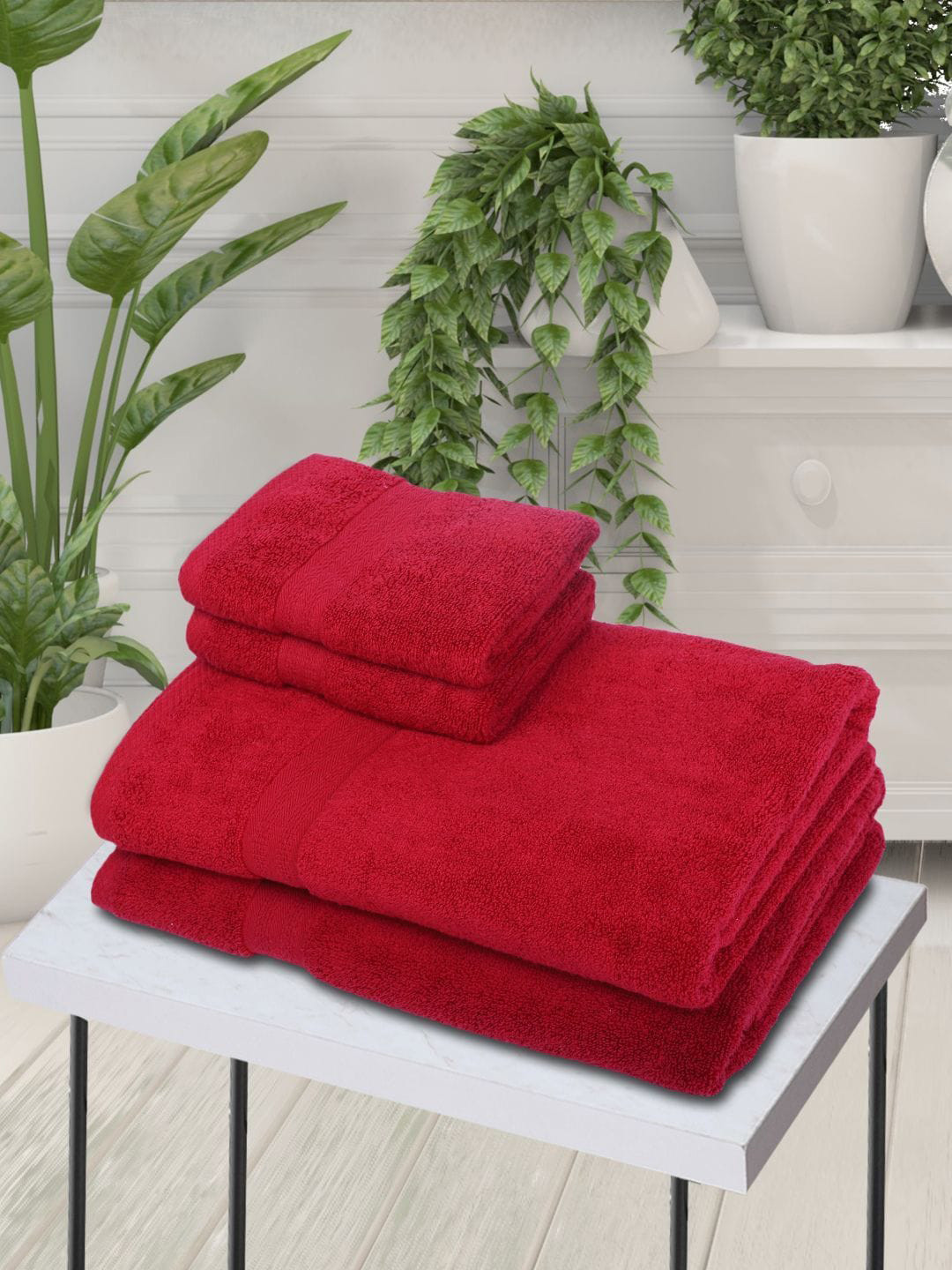 BIANCA Red 4-Pieces Solid 500 GSM Cotton Bath & Hand Towel Set