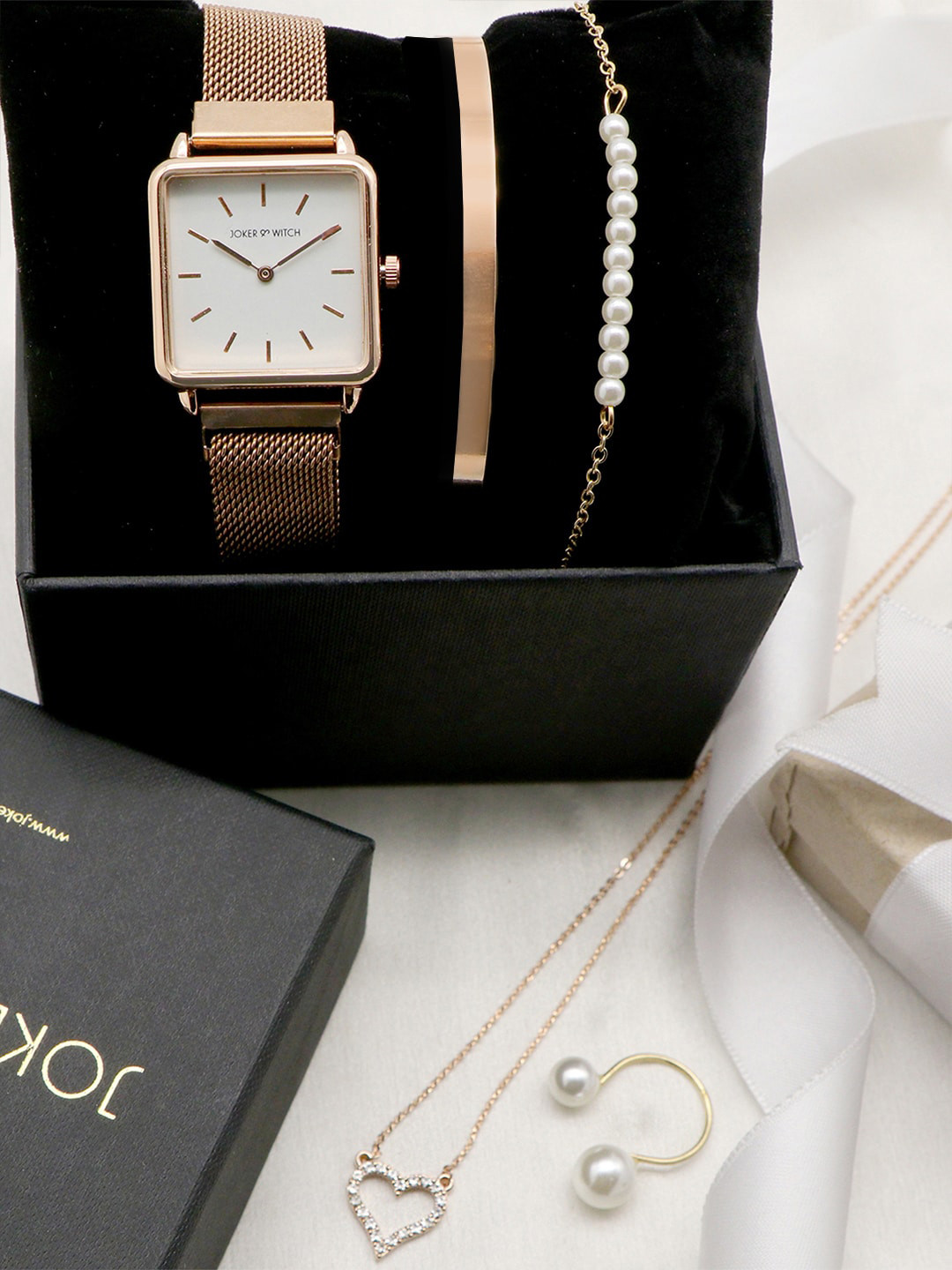 JOKER & WITCH Women White & Rose Gold-Toned Sugar Sugar Love Stack Watch Gift Set JWLS131