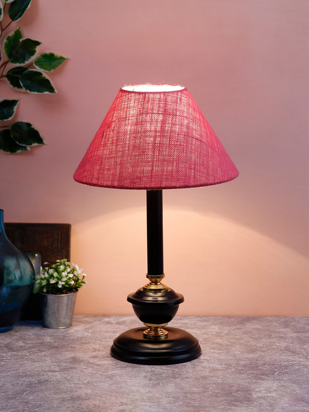 Devansh Pink & Black Bedside Standard Table Lamp with Shade
