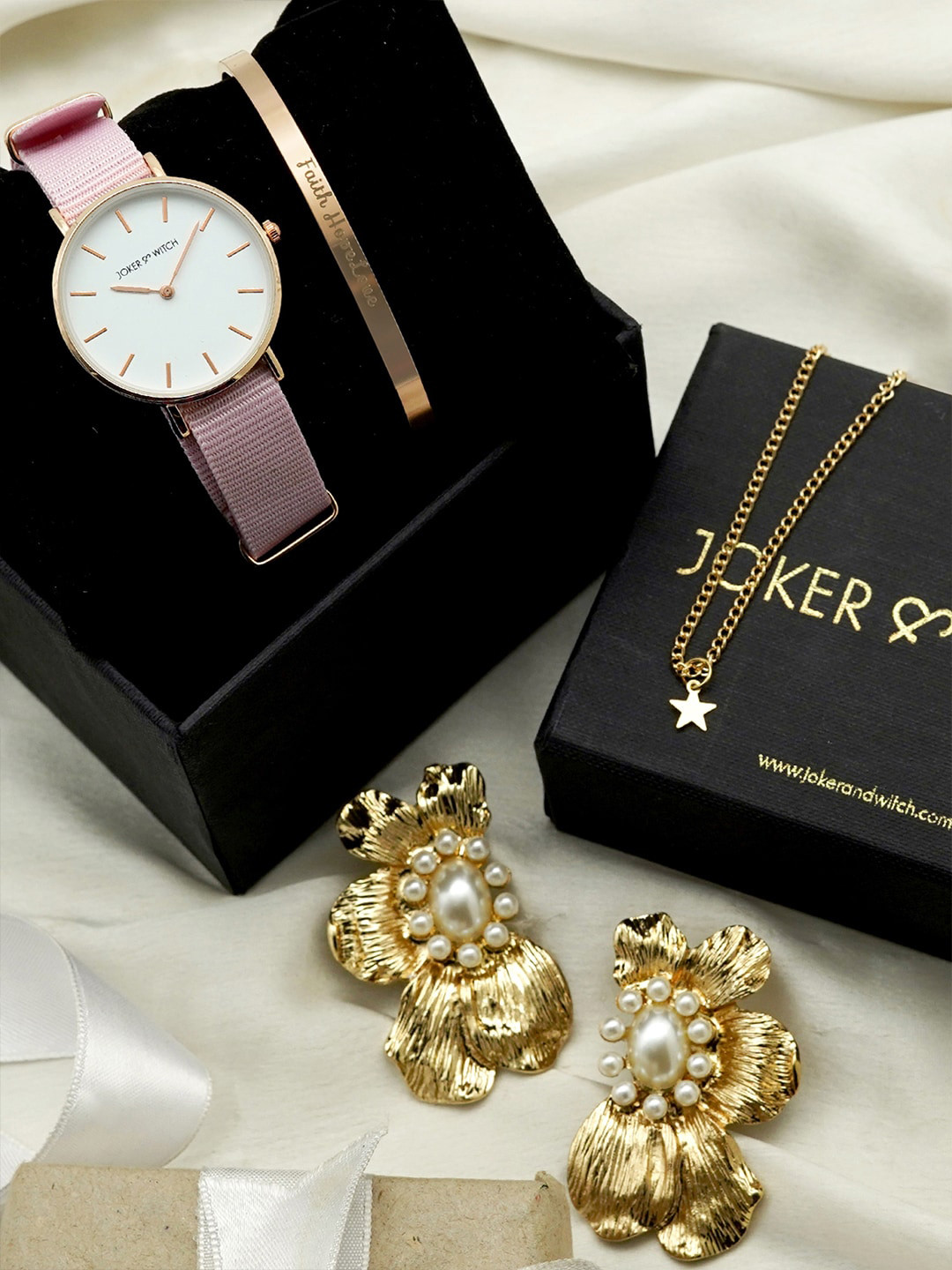 JOKER & WITCH Women White & Gold-Toned Romantic Melody Love Stack Watch Gift Set JWLS141