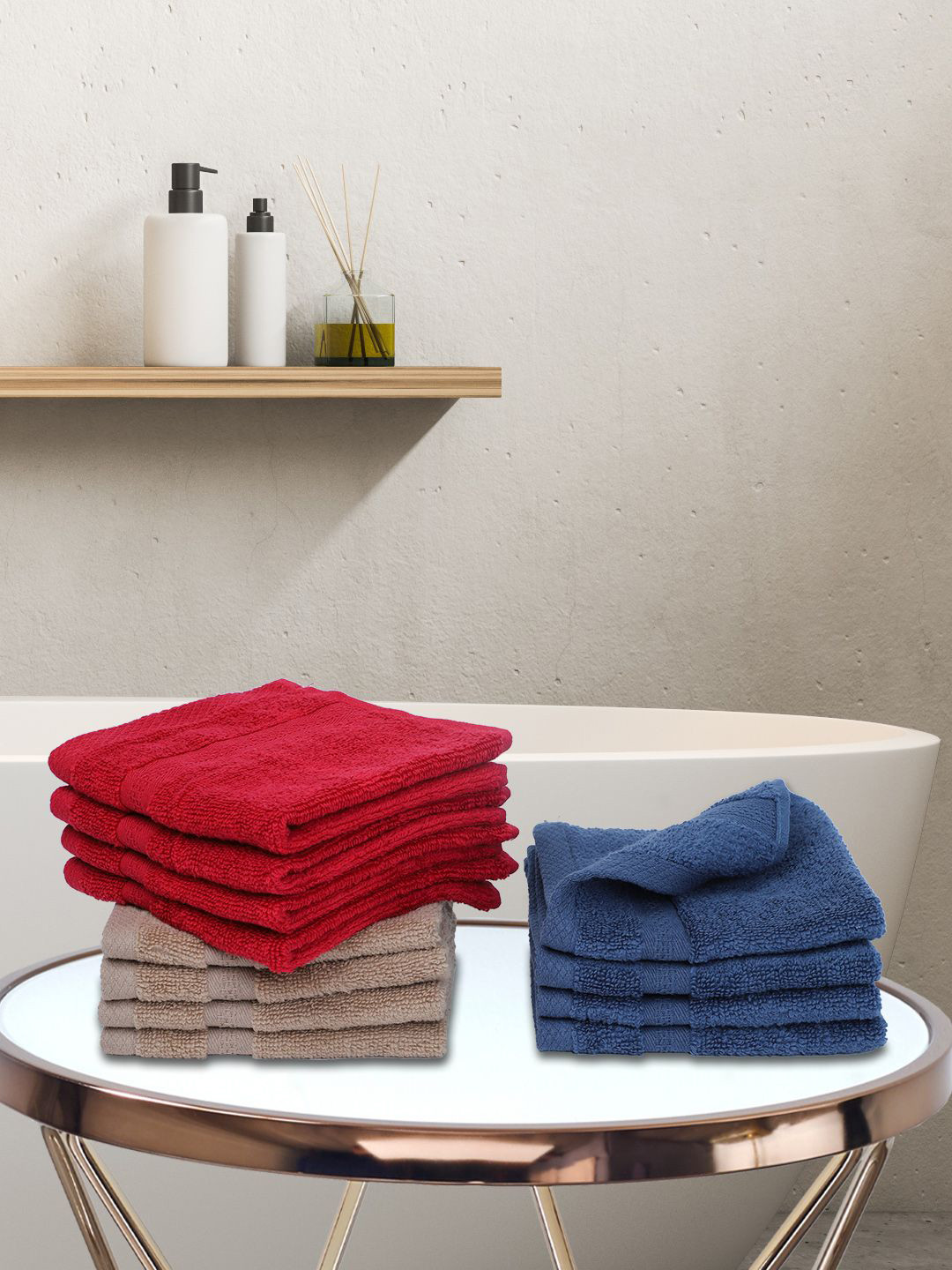 BIANCA Blue & Red Set of 12 Solid 500 GSM Cotton Face Towels