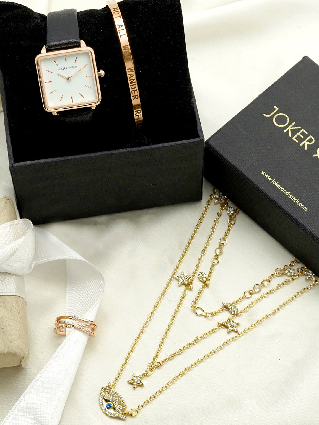 JOKER & WITCH Women White & Gold-Toned About Time Love Stack Watch Gift Set JWLS165
