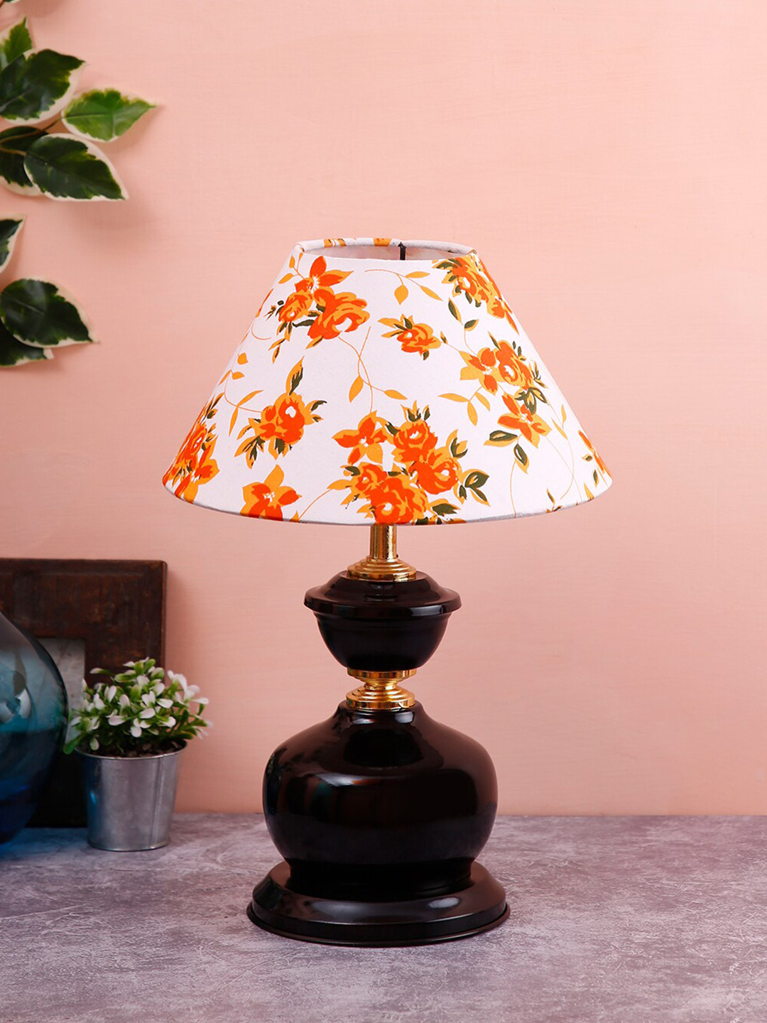 Devansh White & Orange Printed Bedside Table Lamp with Shade