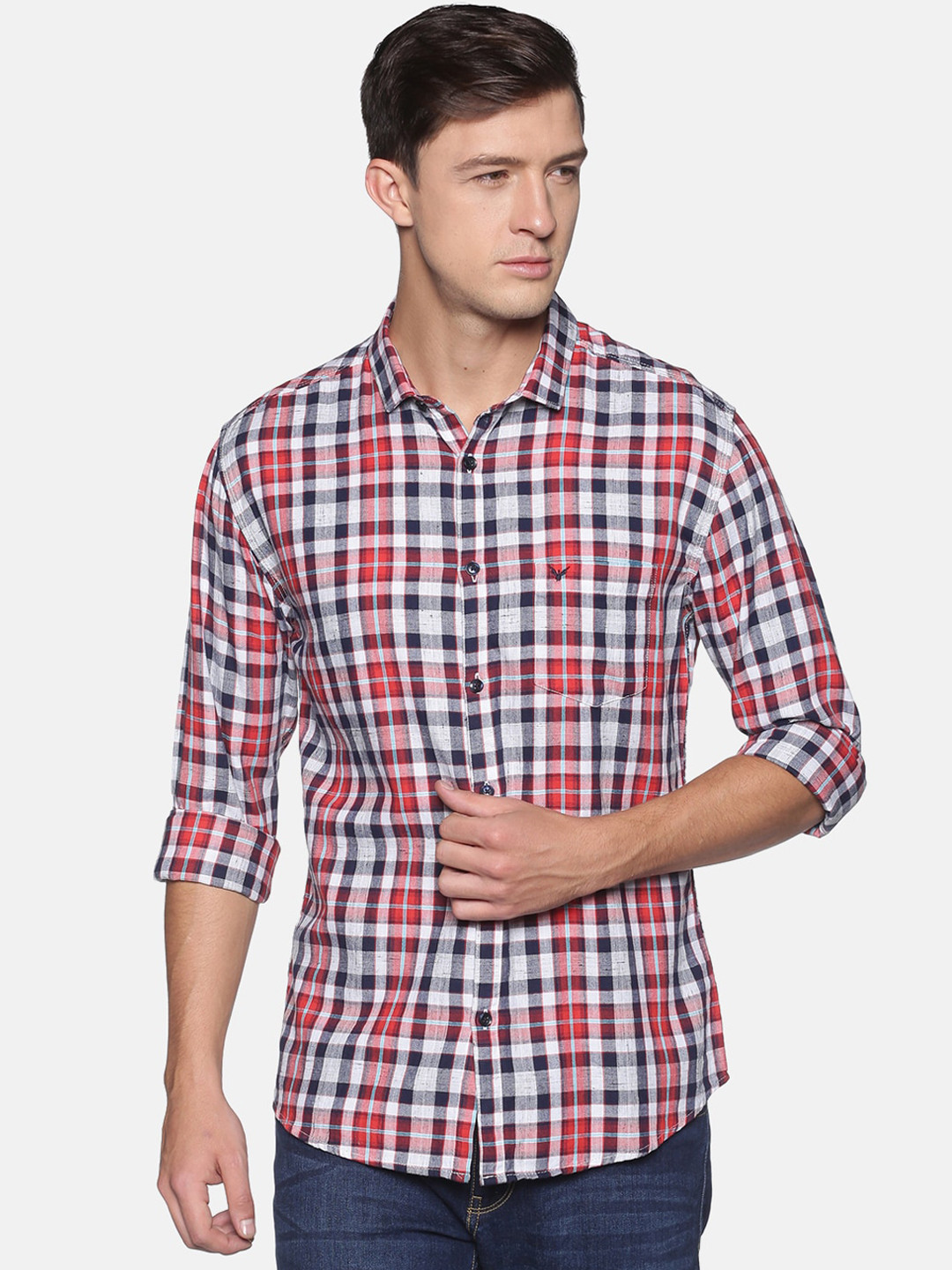 SHOWOFF Men Beige & Red Coloured Tartan Checks Comfort Slim Fit Casual Shirt