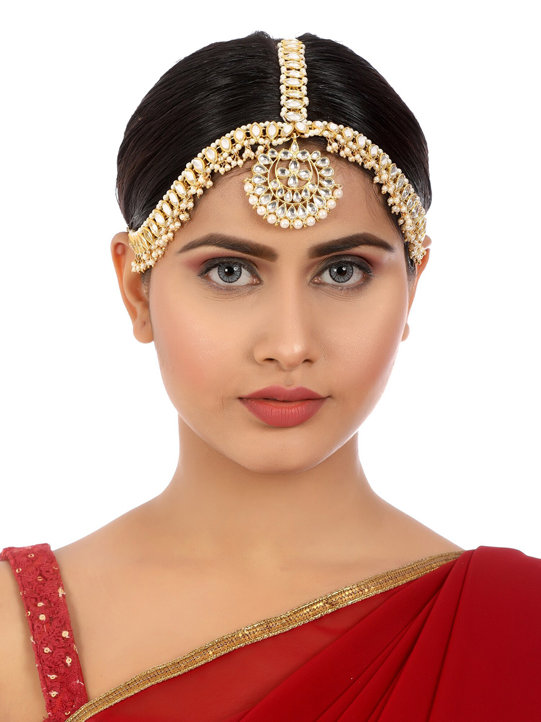 KARATCART Gold-Plated & White Kundan-Studded Handcrafted Pearl Beaded Tassel Mathapatti