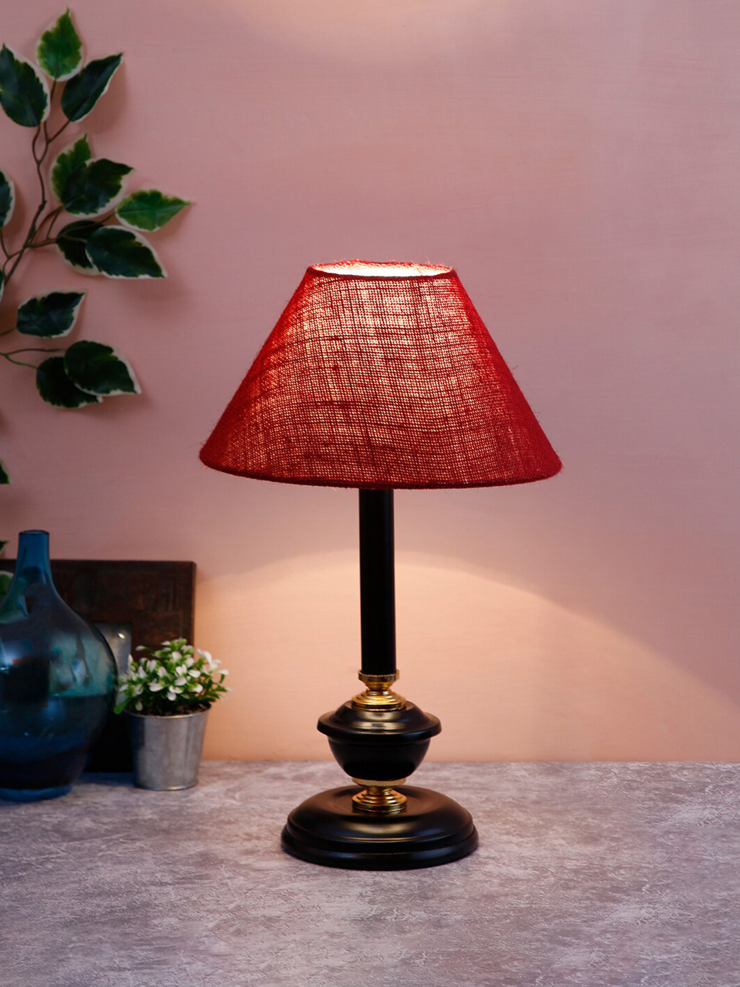 Devansh Maroon Traditional Bedside Standard Lamp with Shade