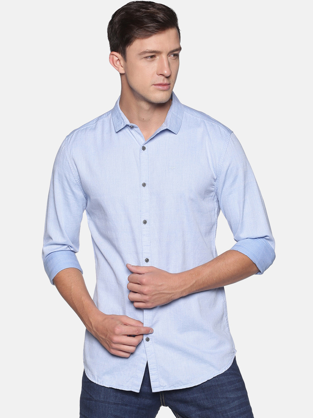 SHOWOFF Men Blue Self Designed Slim Fit Casual Shirt