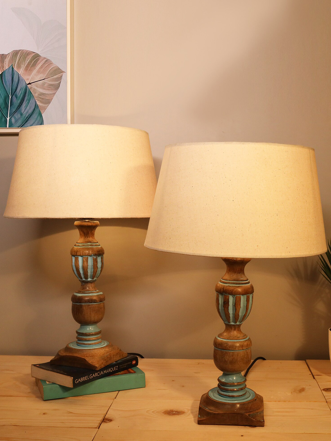 Homesake Set of 2 Beige & Blue Contemporary Handcrafted Bedside Standard Table Lamp