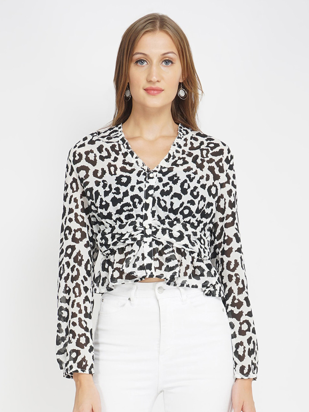 Oxolloxo Women Black Animal Peplum Crop Top