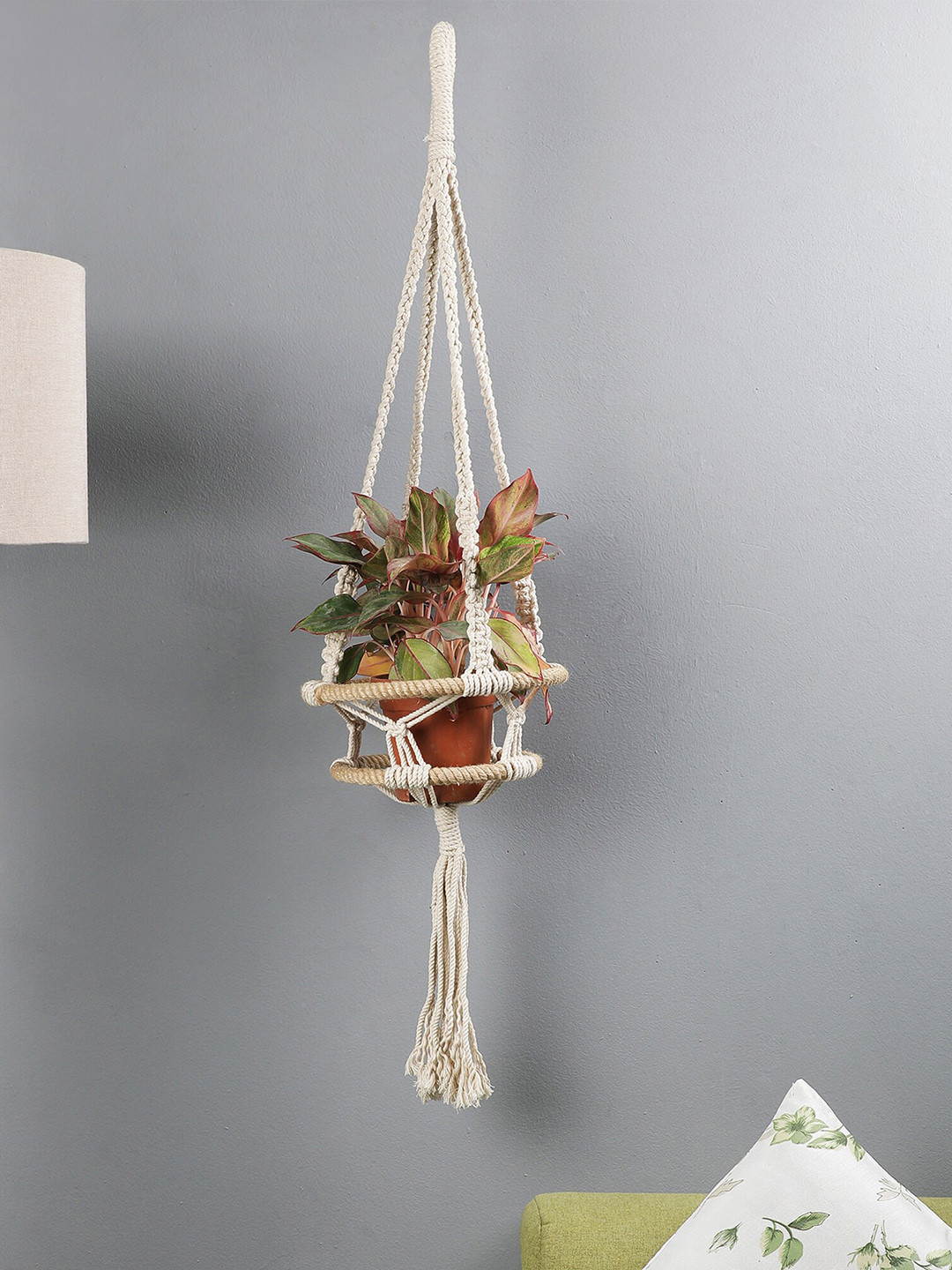 The Decor Mart Off-White Handcrafted Natural Bohemian Macrame Cotton Planter Holder