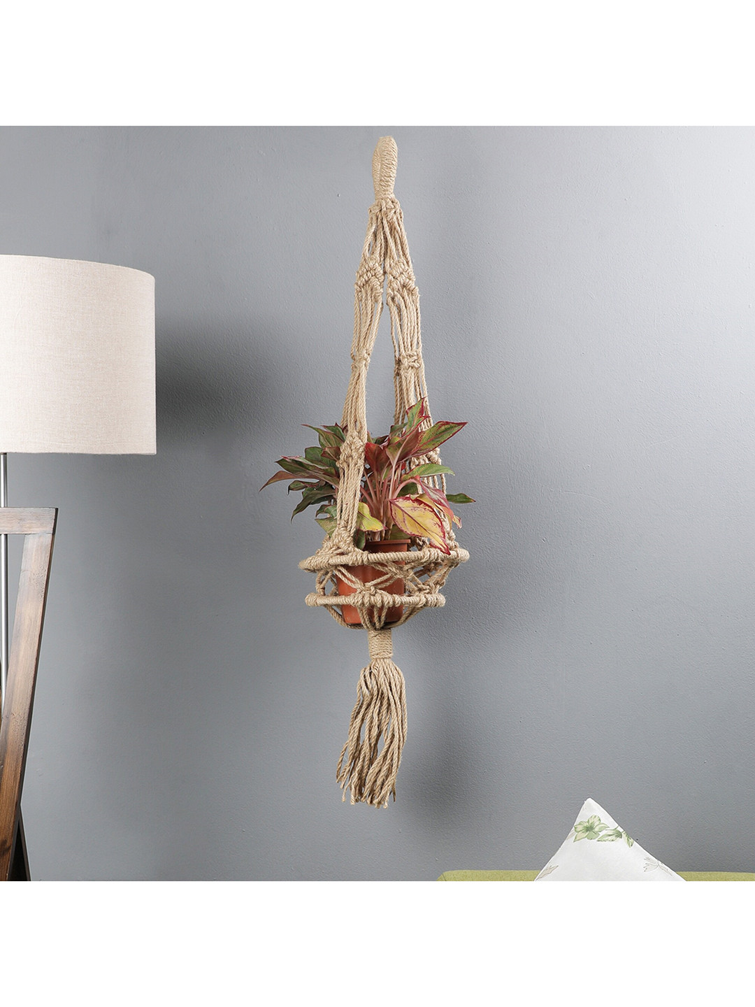 The Decor Mart Off White & Brown Knotted Handcrafted Bohemian Macrame Jute Planter