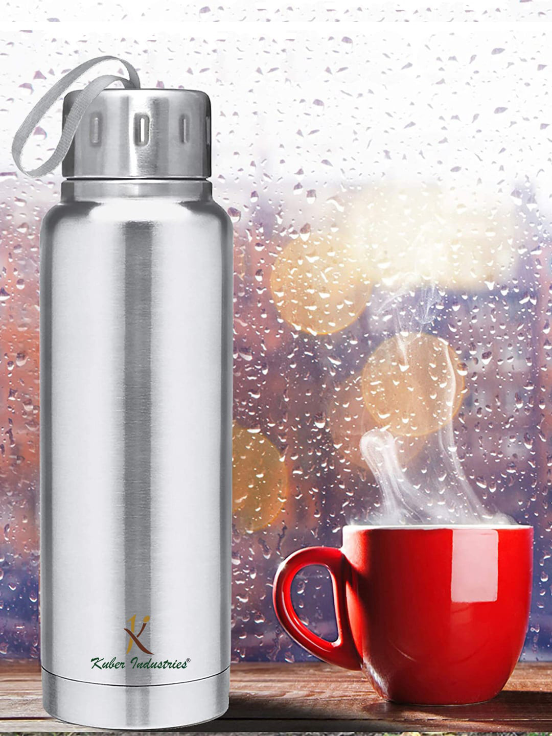 Kuber Industries Silver Brand Logo Stainless Steel Spill Proof Flask - 300ml