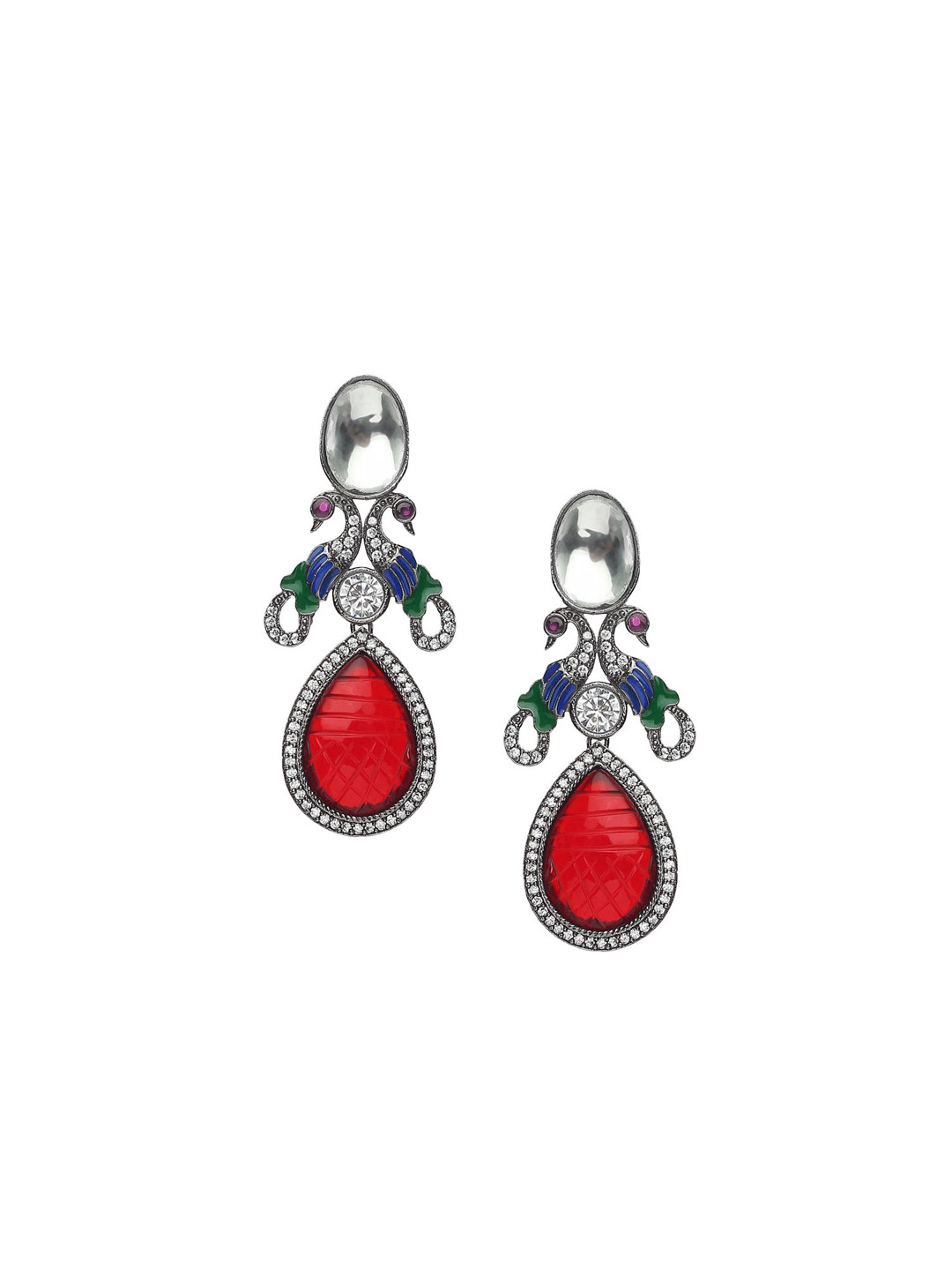 Runjhun Red Kundan Traditional Contemporary Drop Earrings