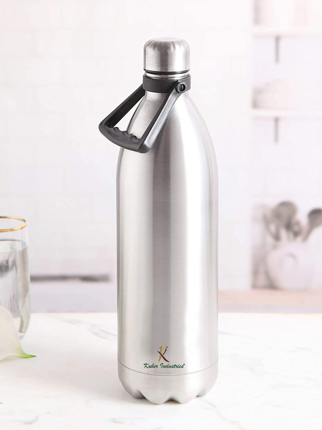 Kuber Industries Silver Brand Logo Stainless Steel Double Wall Vacuum Water Bottle - 1.8L