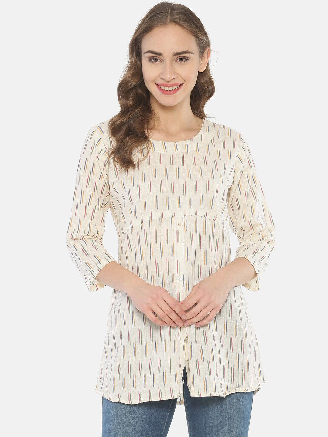 Resha Off White & Red Printed Cotton Tunic