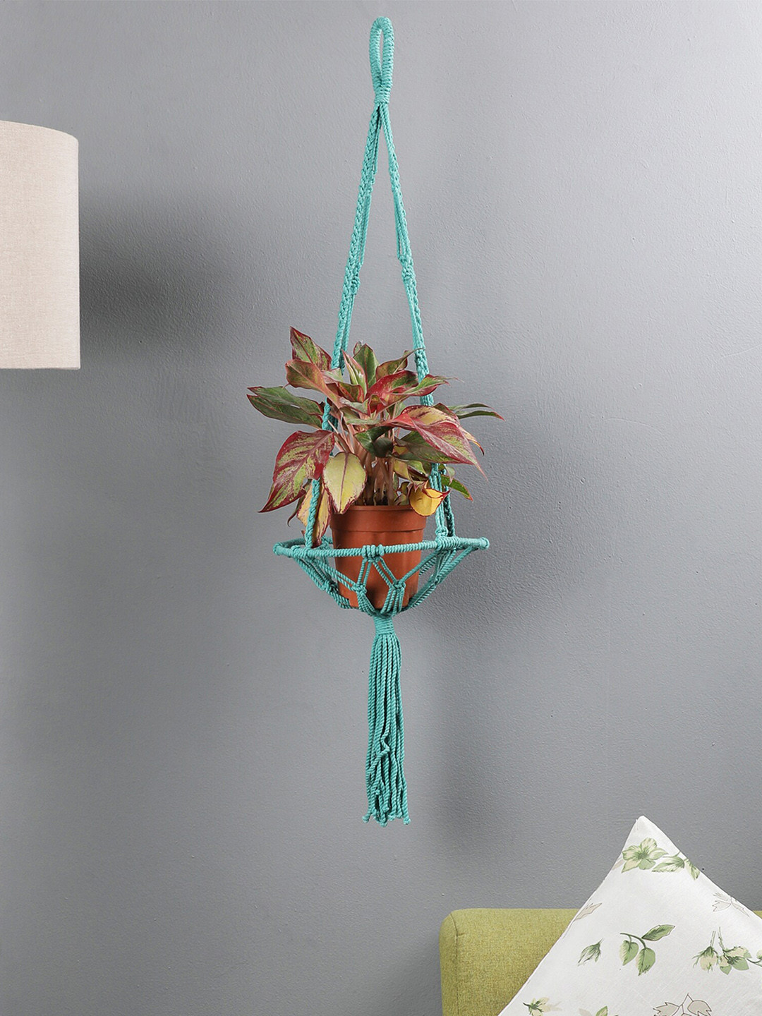 The Decor Mart Green Solid Handcrafted Knotted Macrame Cotton Planter