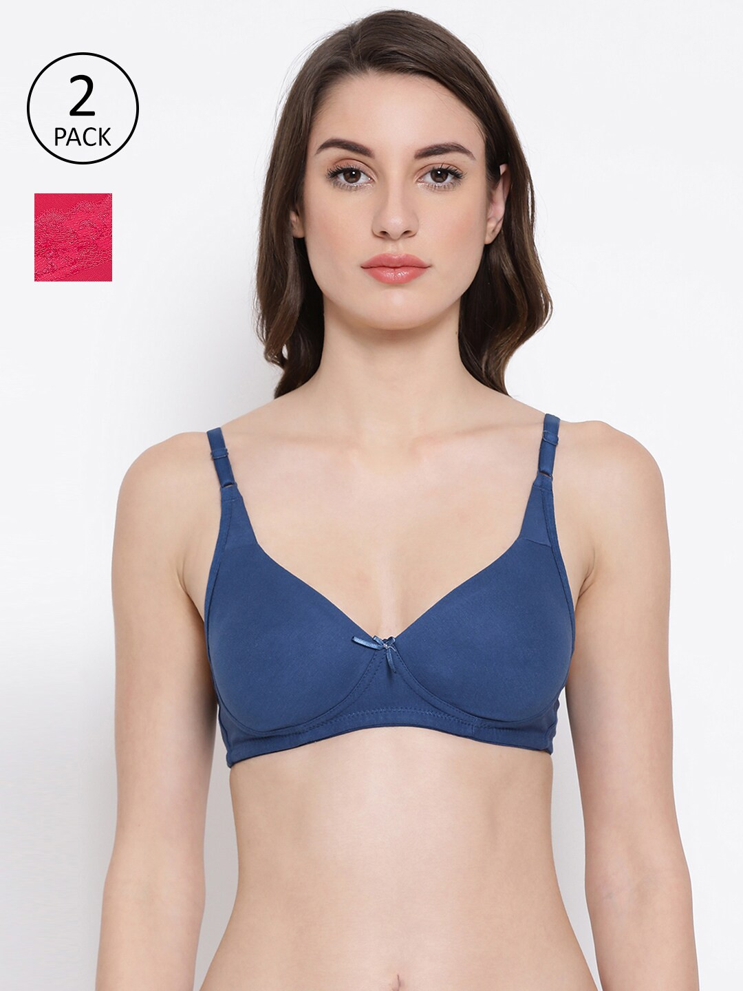 Clovia Pink & Navy Blue Cotton T-shirt Bra Full Coverage - Pack of 2