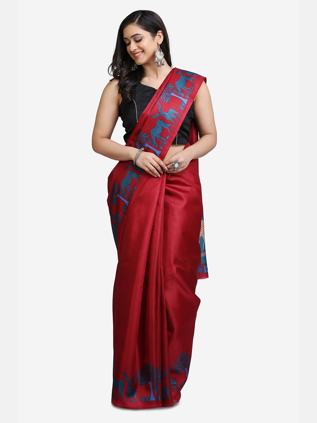 Mirraw Maroon & Blue Woven Design Art Silk Saree