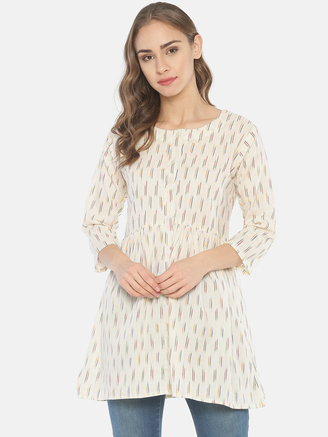 Resha Off White & Red Geometric Woven Design Pure Cotton Handloom Empire Kurti