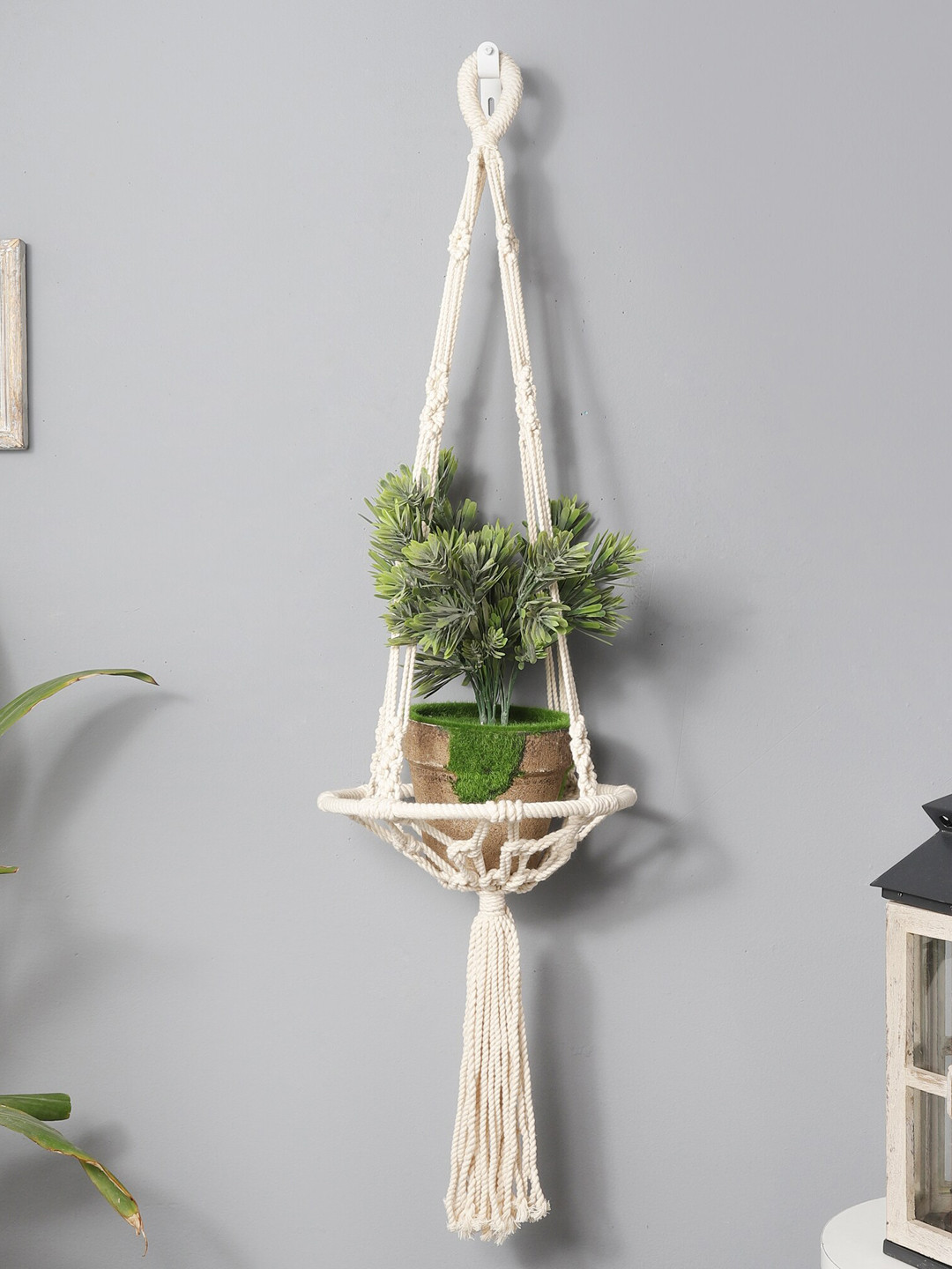 The Decor Mart Off-White Handcrafted Knotted Natural Bohemian Macrame Cotton Planter