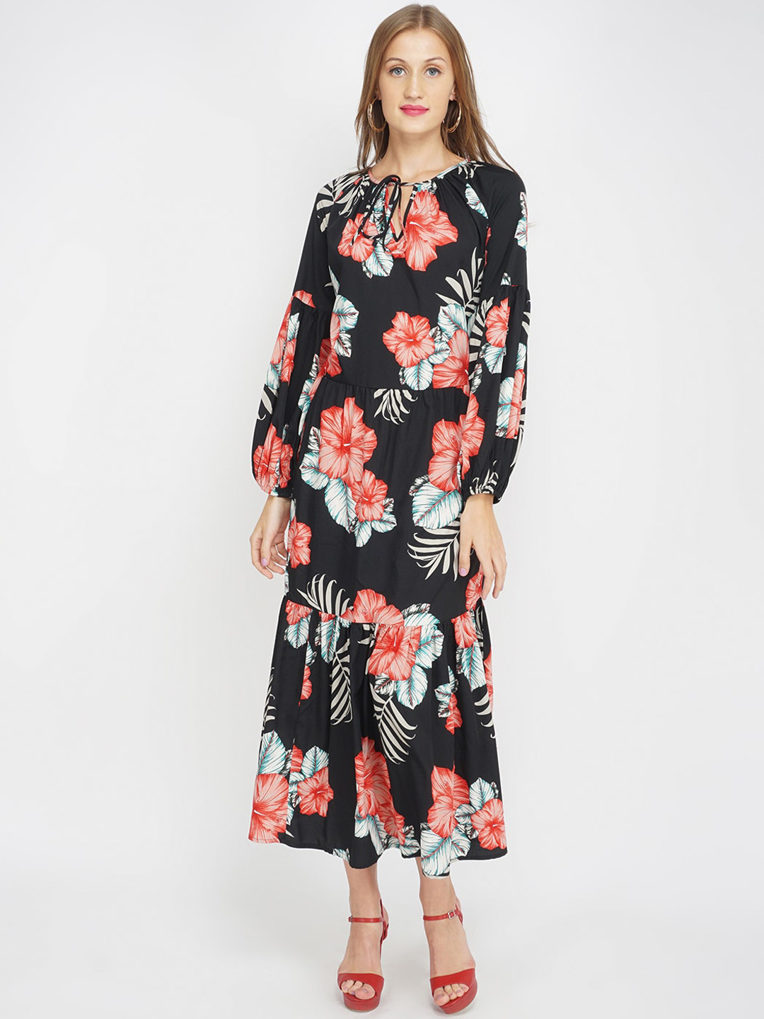 Oxolloxo Black Floral Tie-Up Neck Satin Maxi Dress