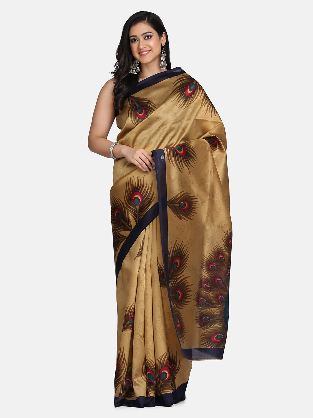 Mirraw Beige & Red Ethnic Motifs Art Silk Saree
