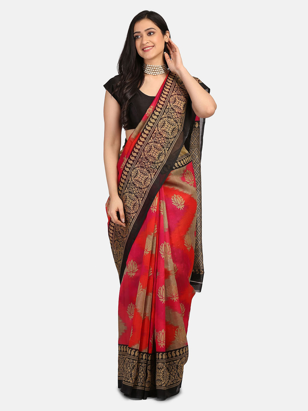Mirraw Red & Black Ethnic Motifs Art Silk Saree