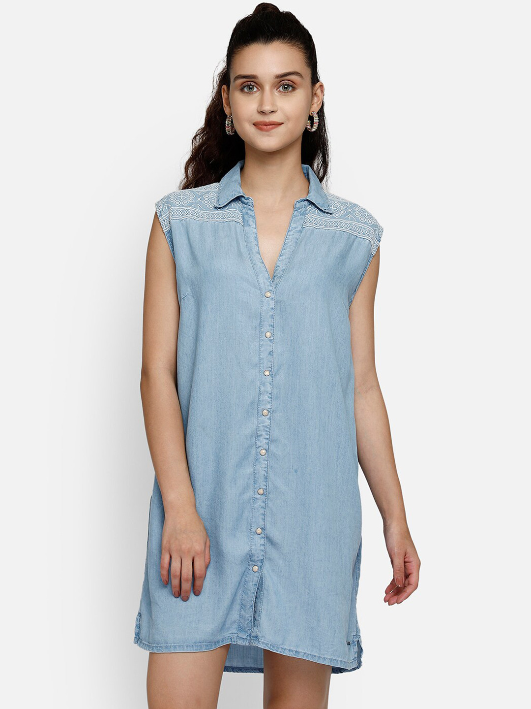 Aditi Wasan Denim Embroidered Mini Shirt Dress