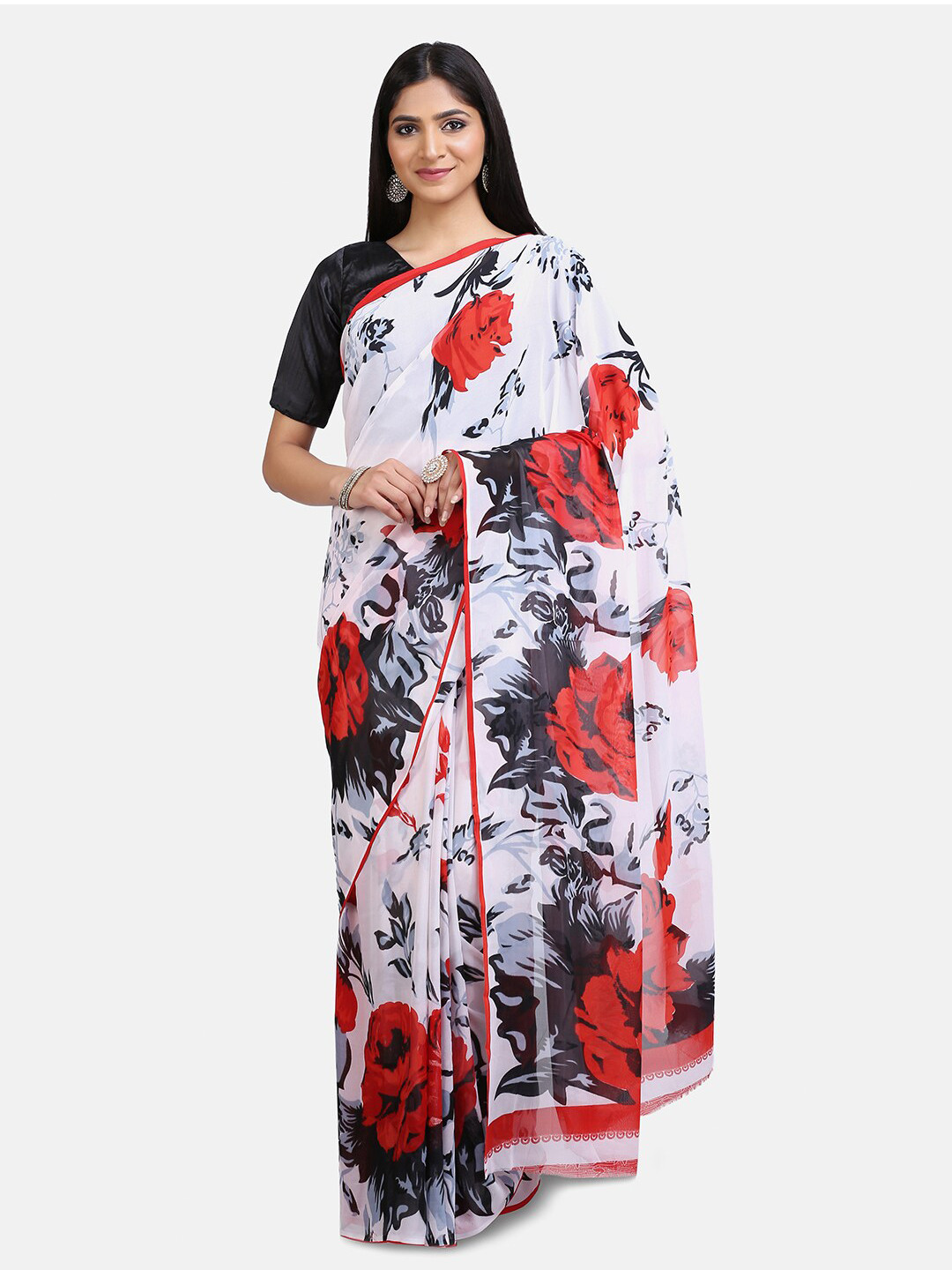 Mirraw Red & White Floral Pure Georgette Saree