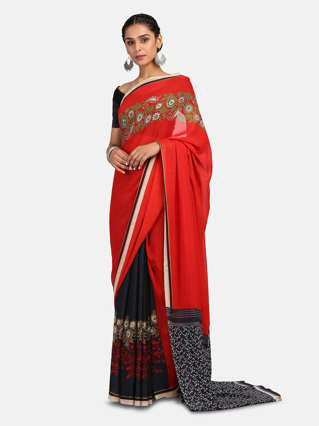 Mirraw Red & Black Ethnic Motifs Pure Georgette Saree