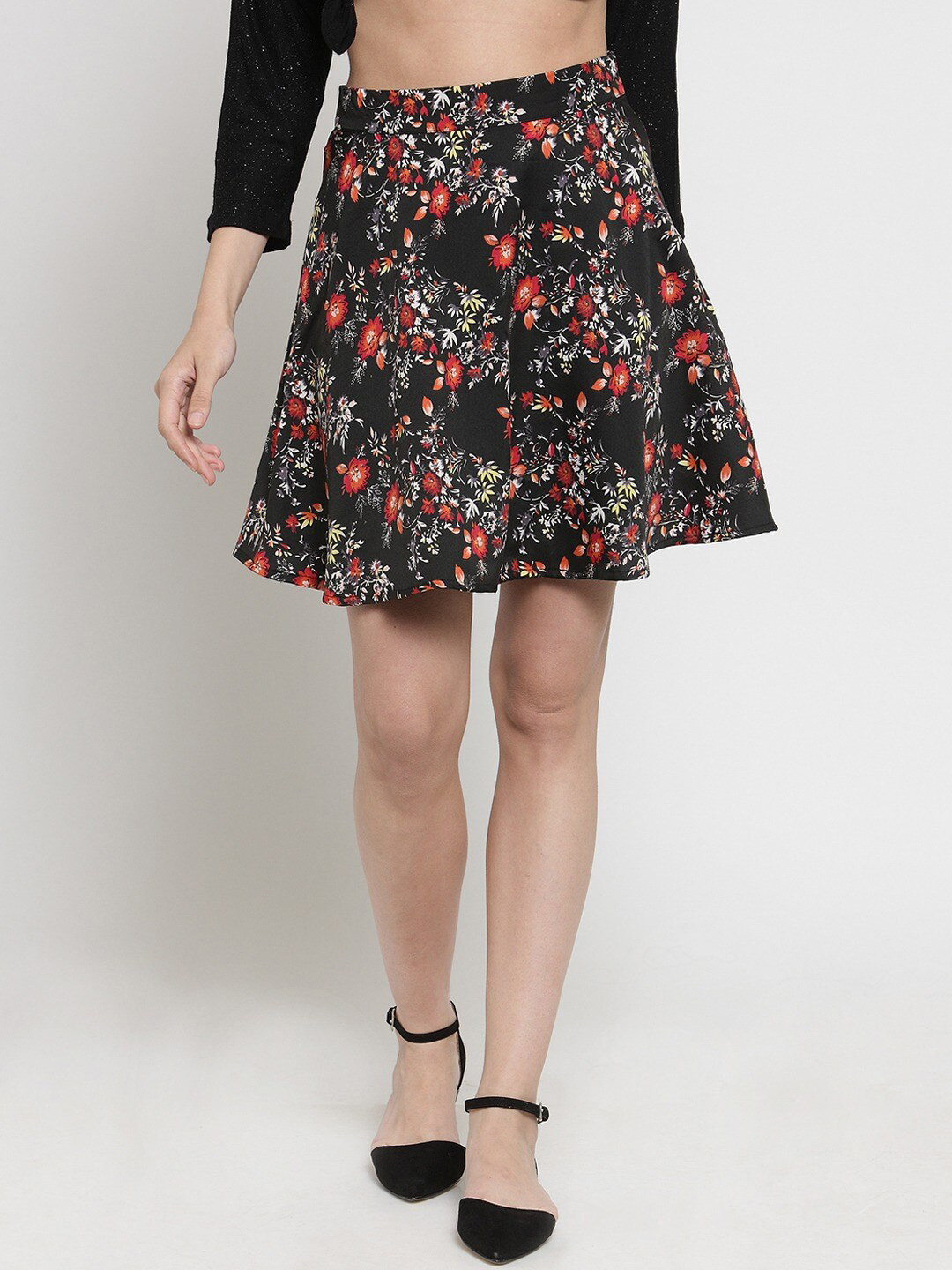 Sera Women Black & Red Printed Mini-Length Flared Skirt